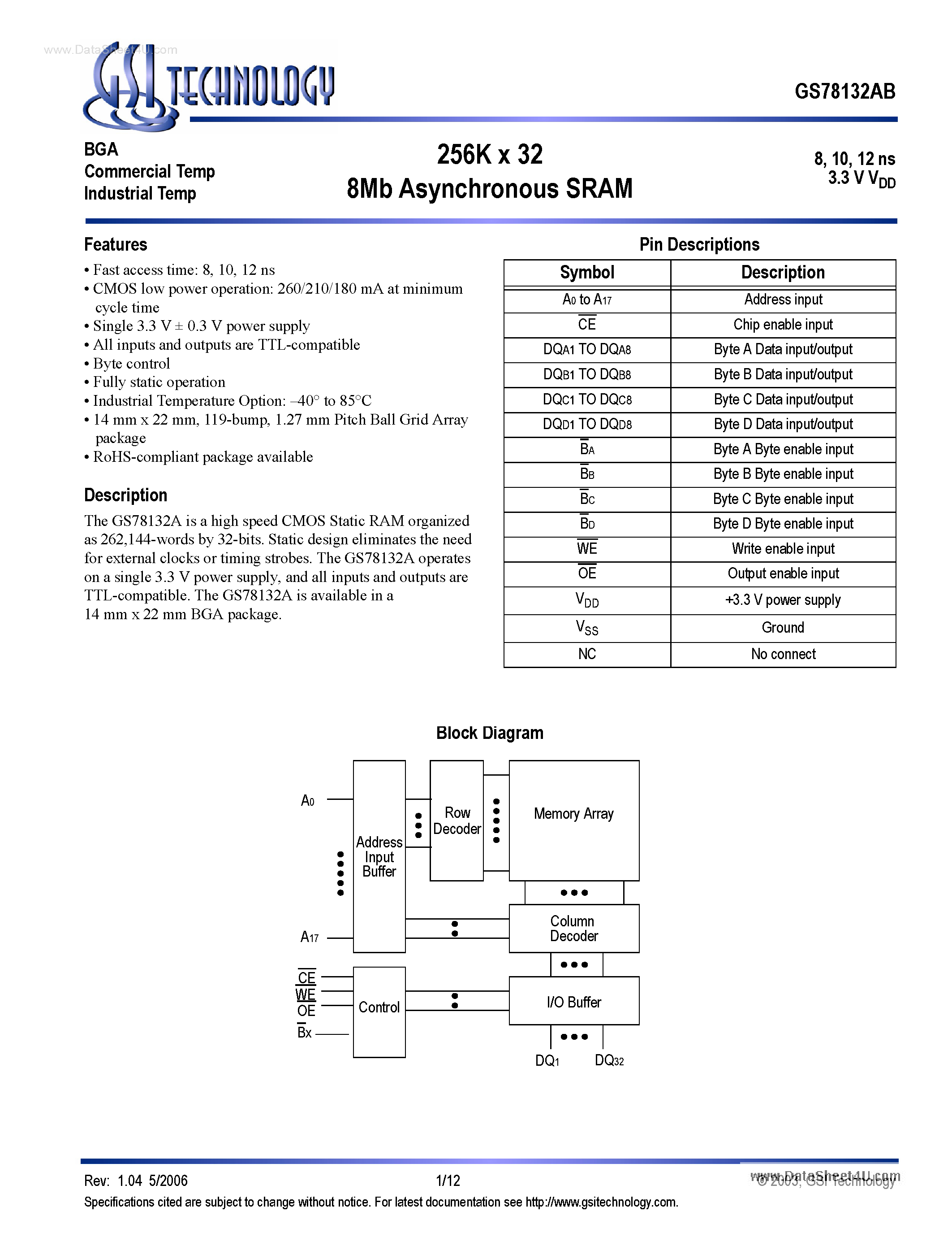 Даташит GS78132AB - 256K x 32 8Mb Asynchronous SRAM страница 1