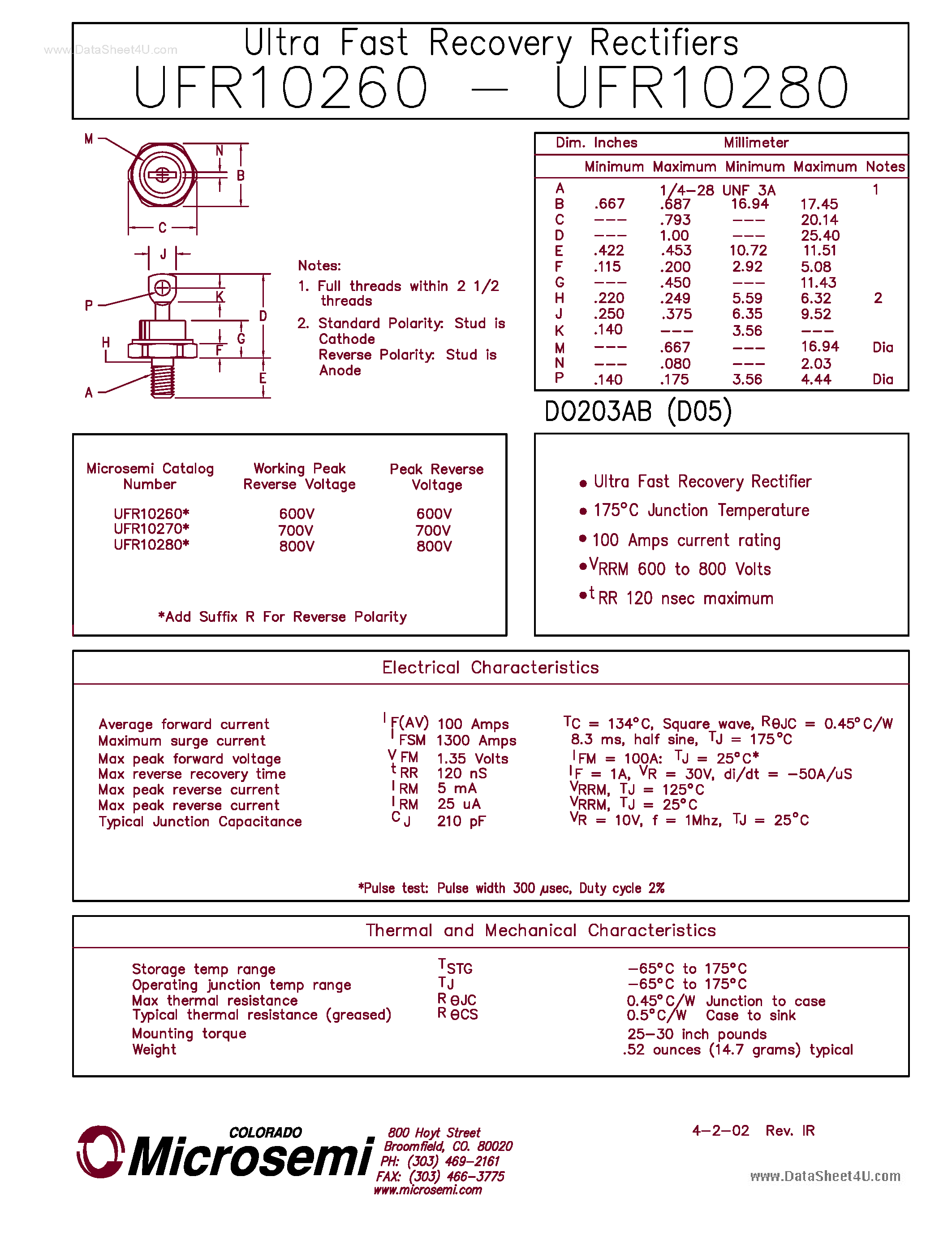 Datasheet UFR10260 page 1 Datasheet UFR10260 - (UFR10260 - UFR10280) Ultra Fast Rectifier page 1