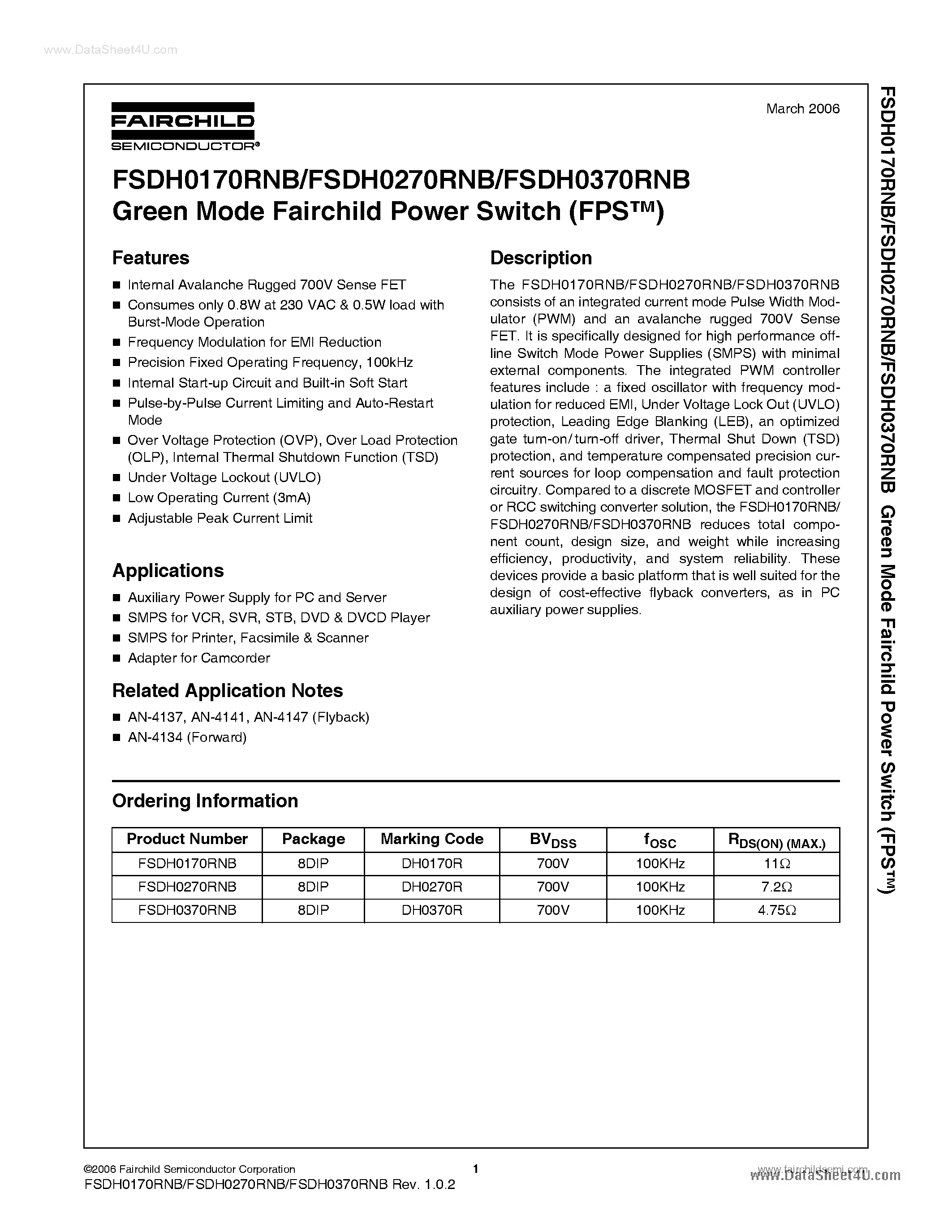 Даташит FSDH0170RNB - (FSDH0x70RNB) Green Mode Fairchild Power Switch страница 1