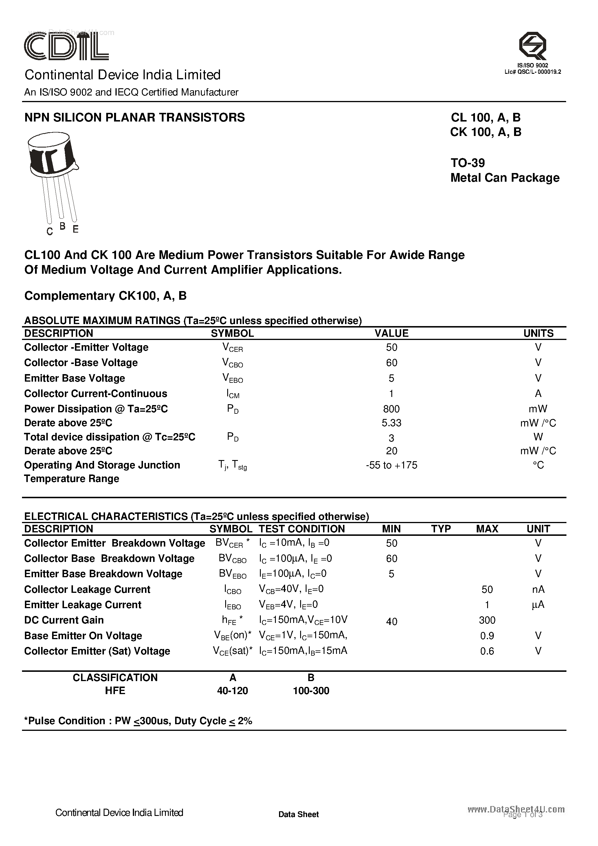 Даташит CL100A - NPN SILICON PLANAR TRANSISTORS страница 1