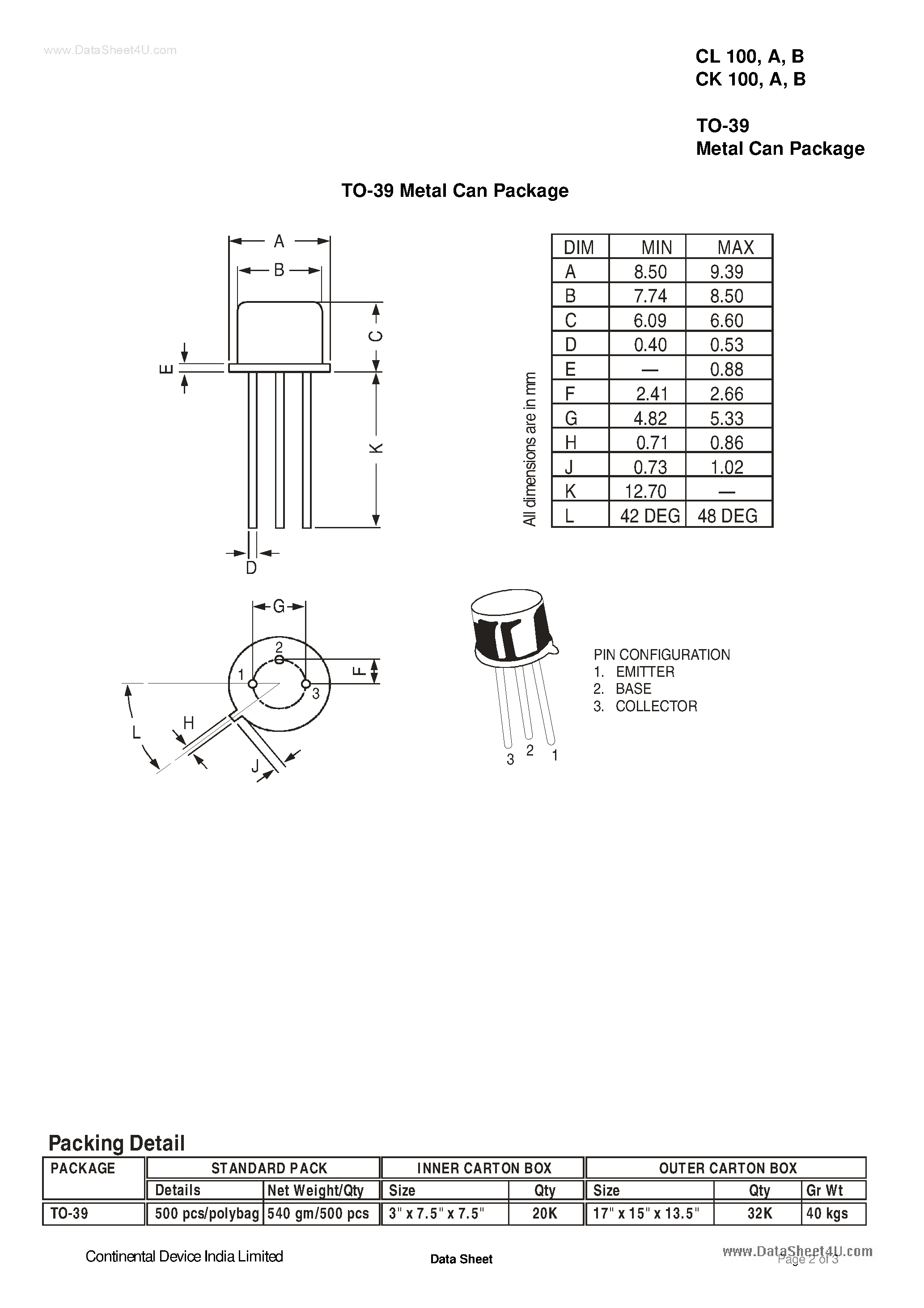 Даташит CL100A - NPN SILICON PLANAR TRANSISTORS страница 2