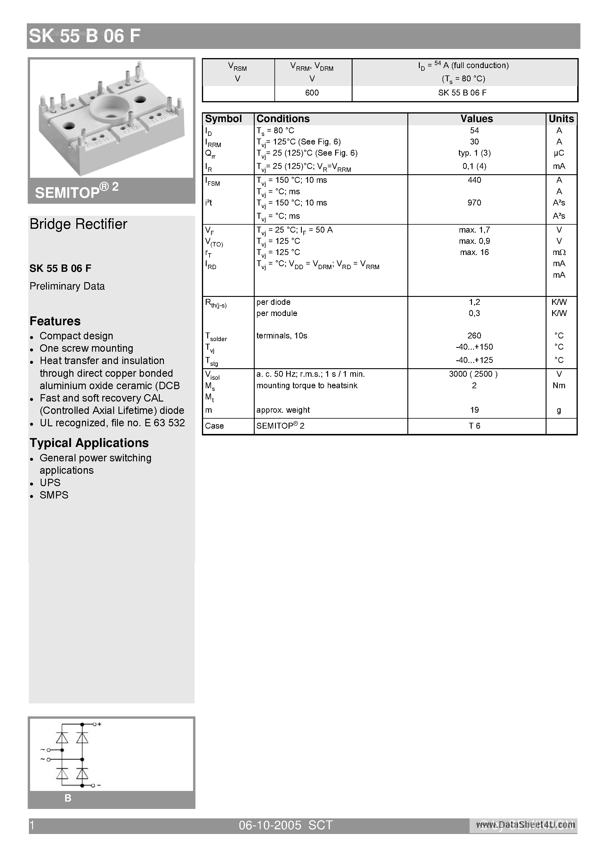 Datasheet SK55B06F page 1 Datasheet SK55B06F - Bridge Rectifier page 1