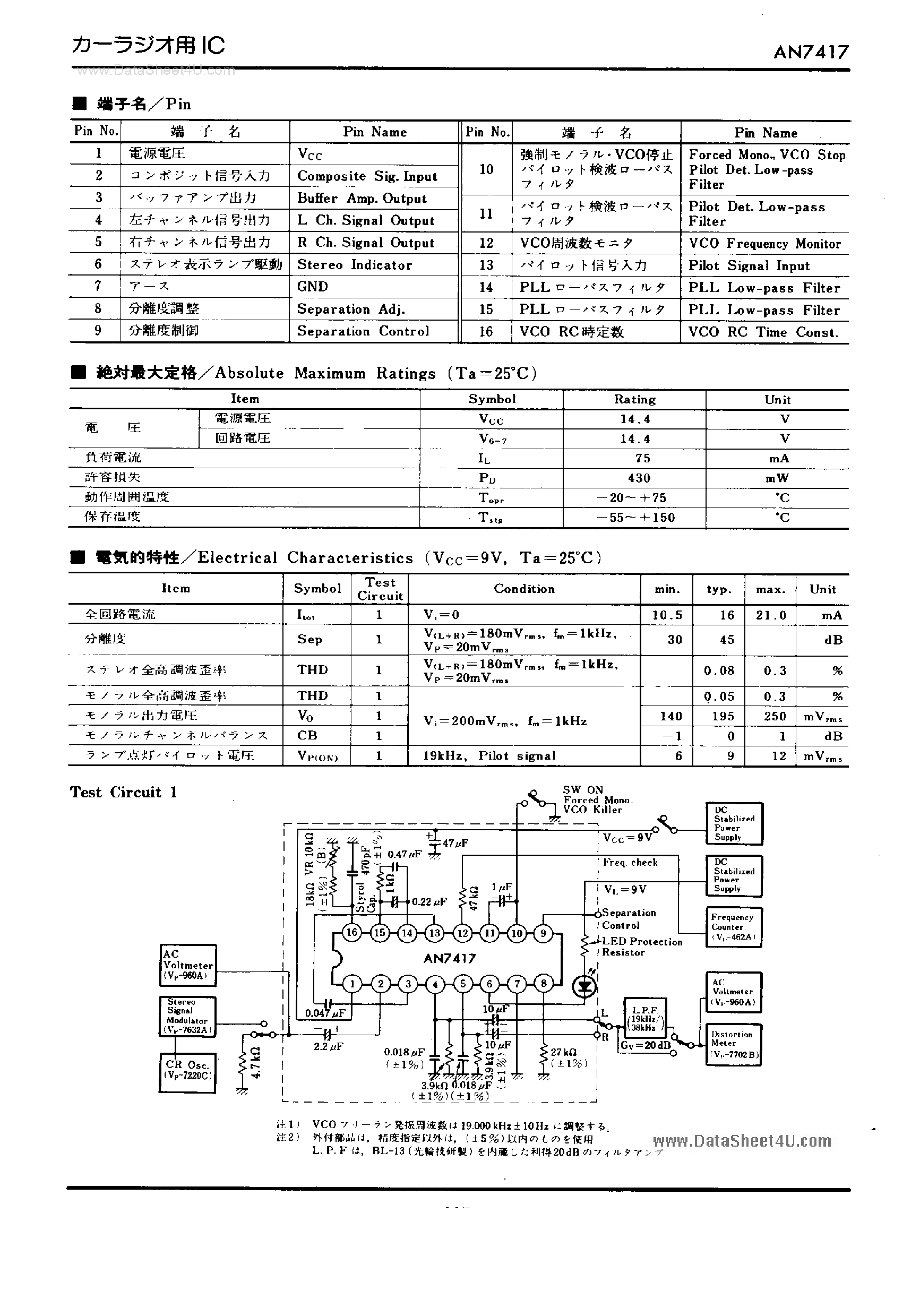 Даташит AN7417 - FM Stereo Multiplex Demodulator страница 2