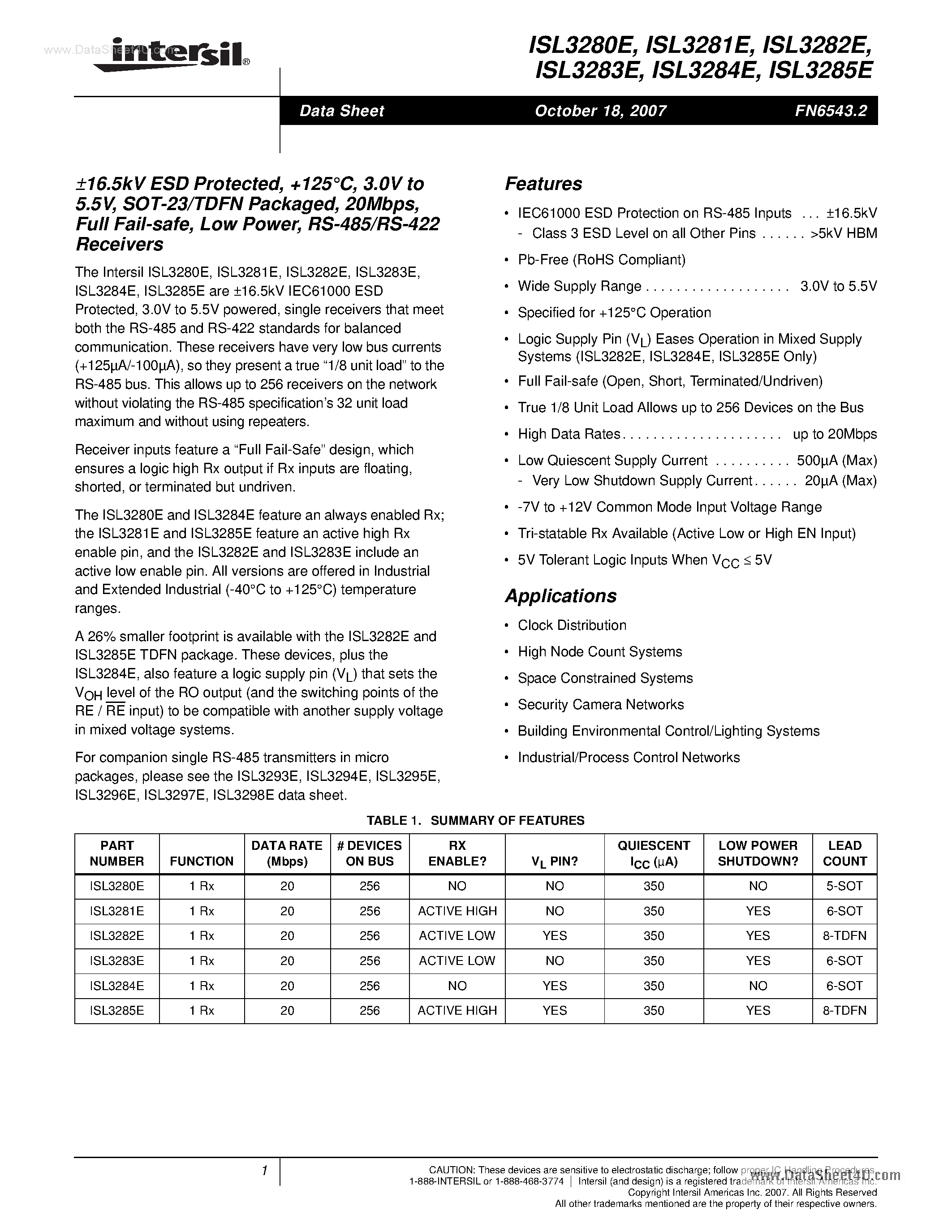 Datasheet ISL3280E page 1 Datasheet ISL3280E - (ISL3280E - ISL3285E) RS-485/RS-422 Receivers page 1