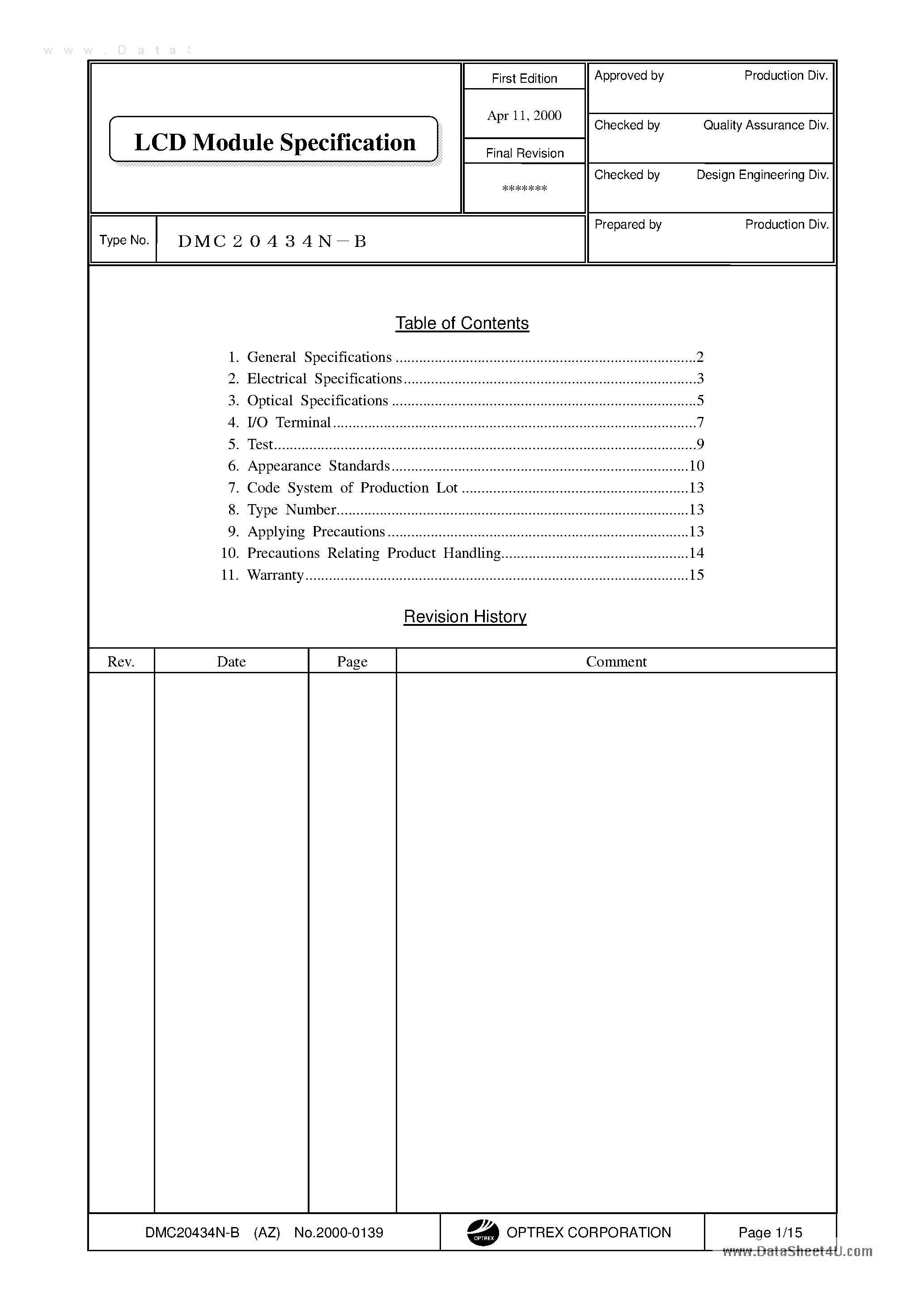 Datasheet DMC20434N-B page 1 Datasheet DMC20434N-B - LCD Module page 1