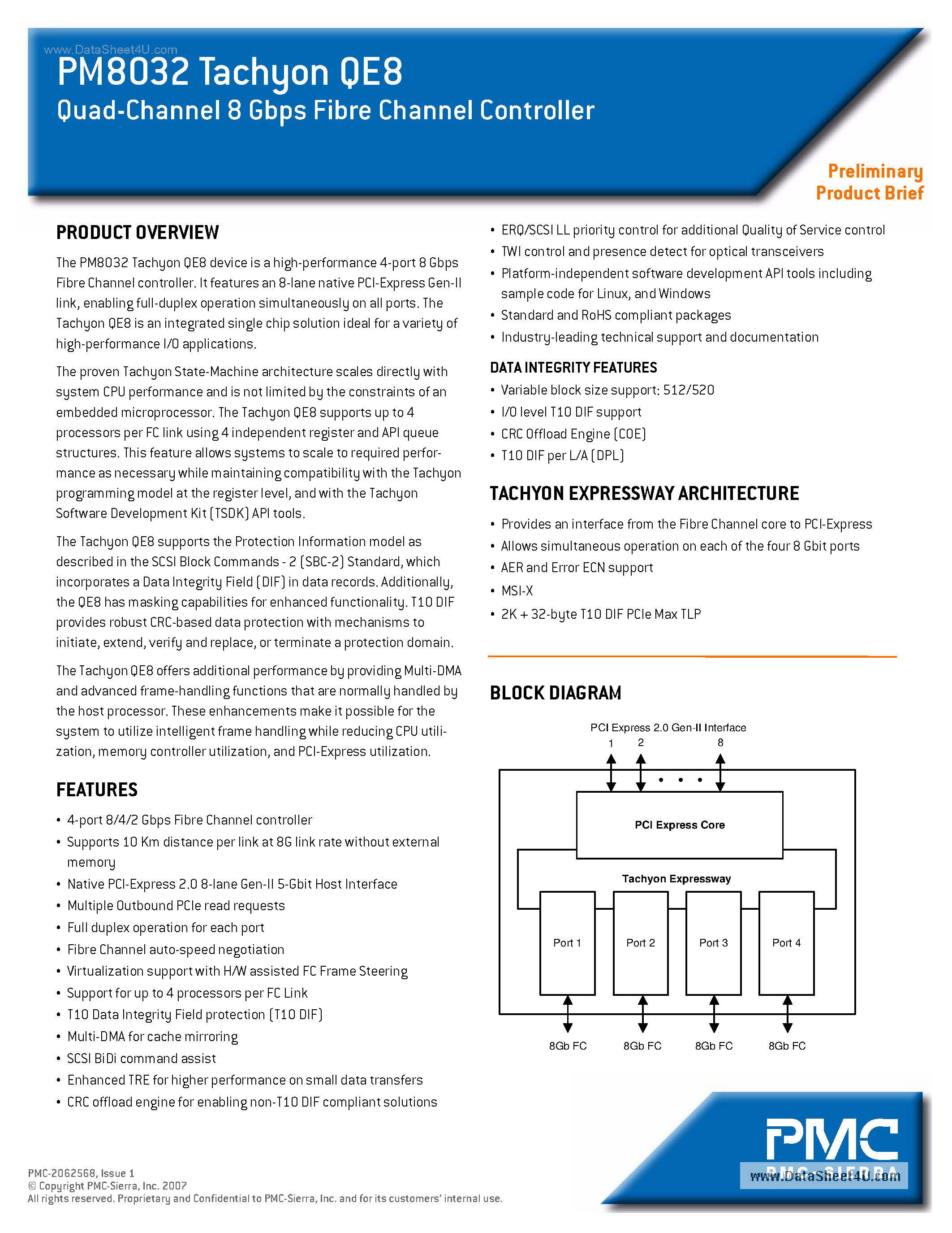 Datasheet PM8032 - Quad-Channel 8 Gbps Fibre Channel Controller page 1