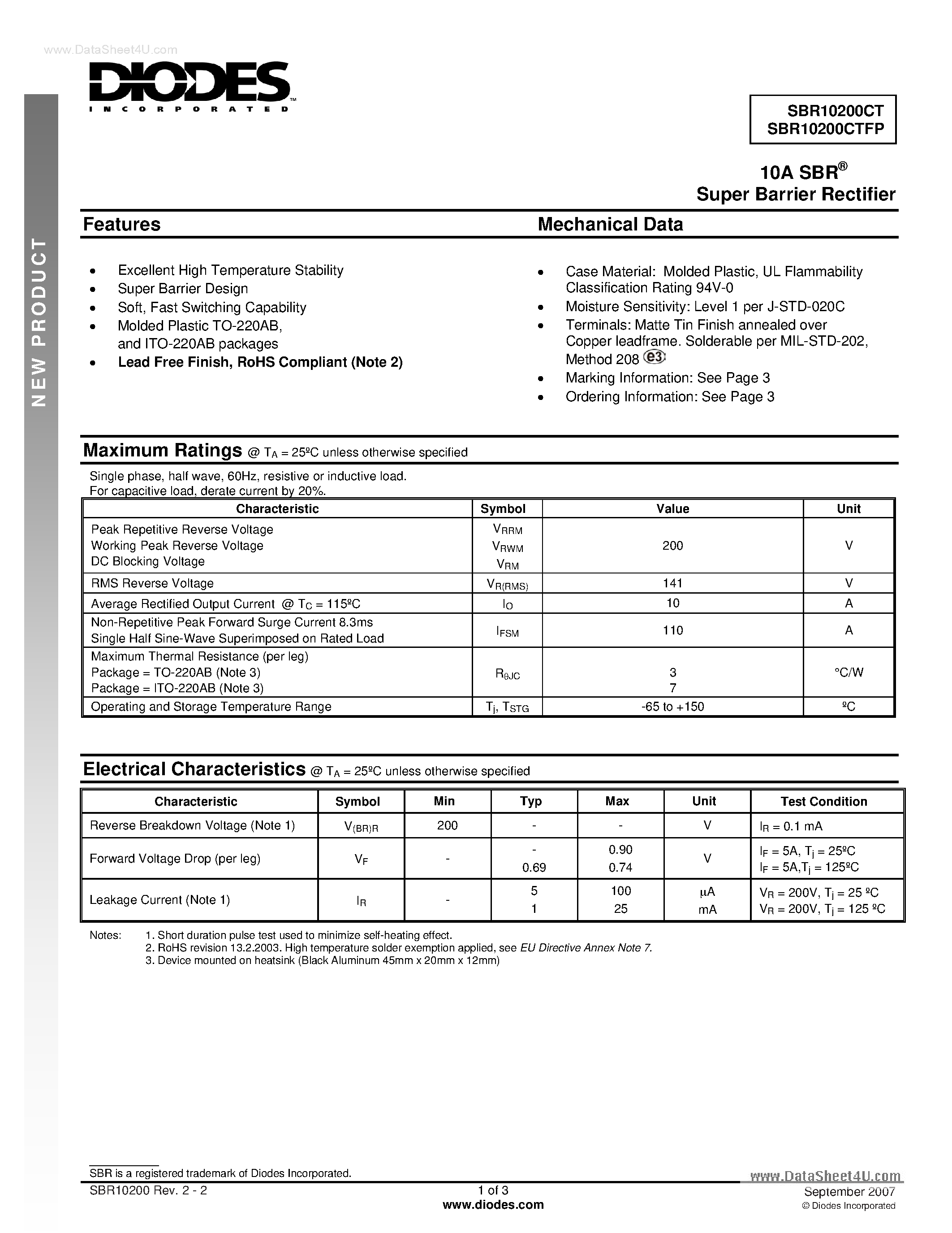 Datasheet SBR10200CT page 1 Datasheet SBR10200CT - Super Barrier Rectifier page 1