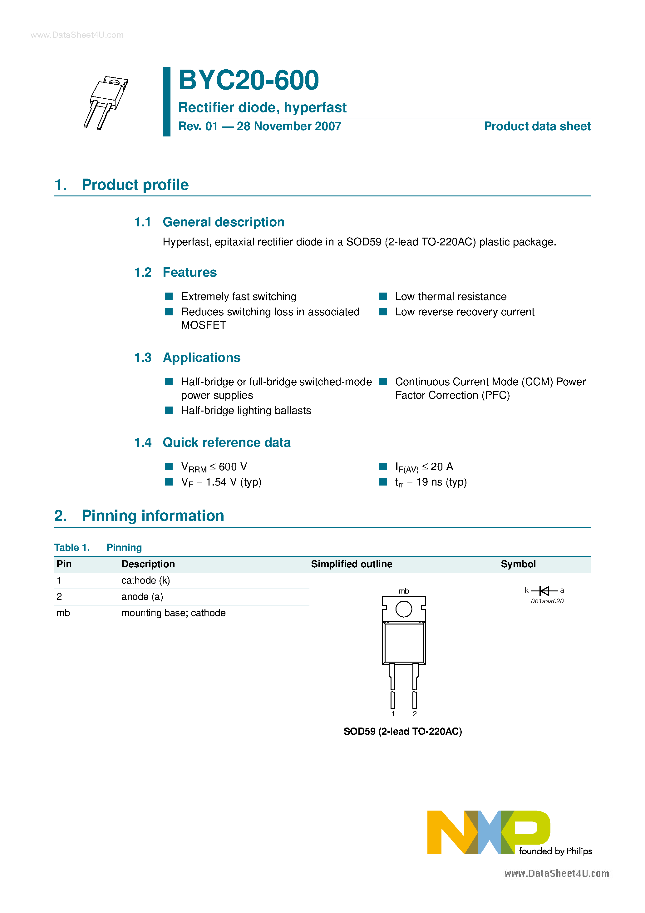 Datasheet BYC20-600 page 1 Datasheet BYC20-600 - Rectifier Diode page 1