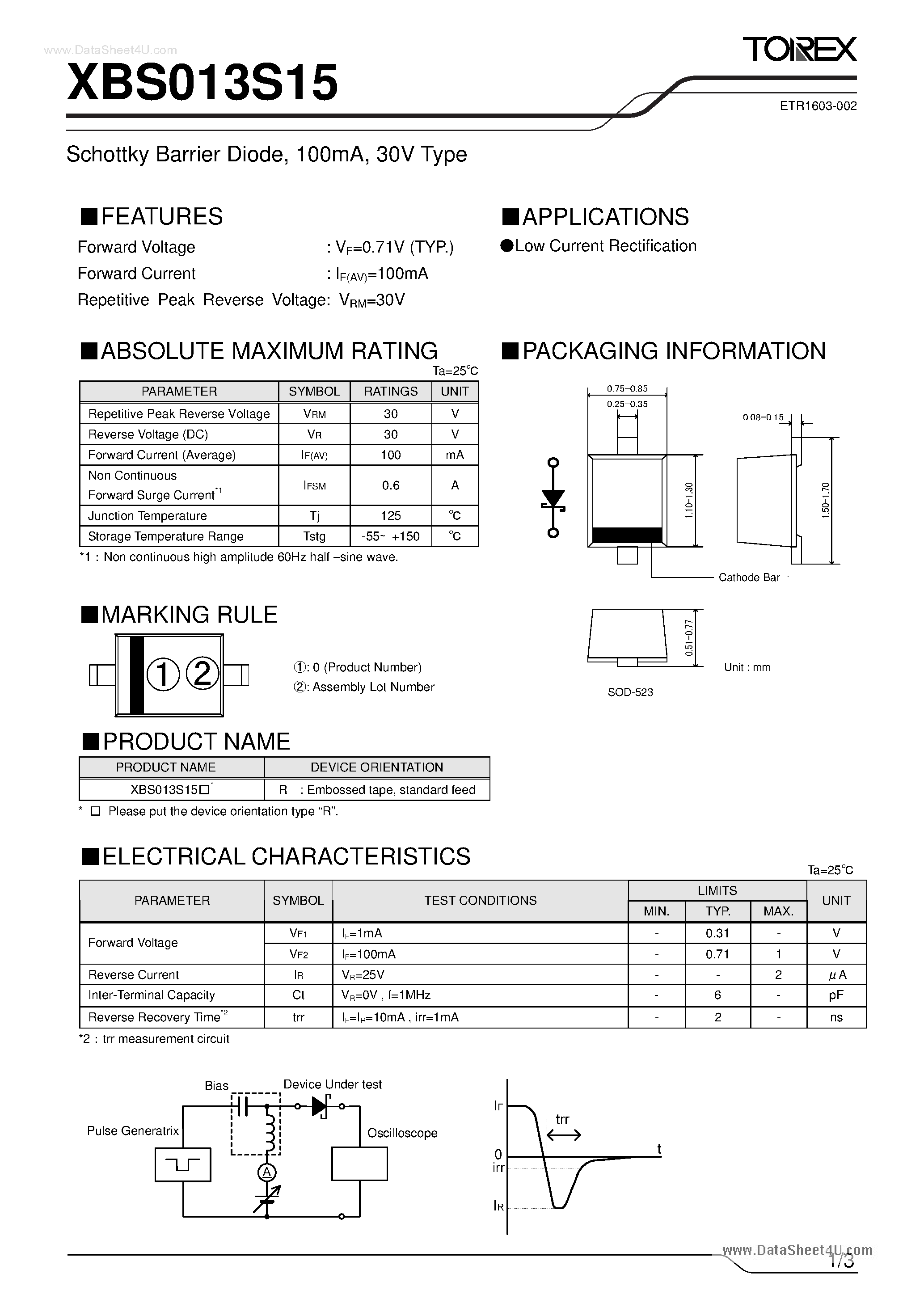 Datasheet XBS013S15 - Schottky Barrie Diodes page 1