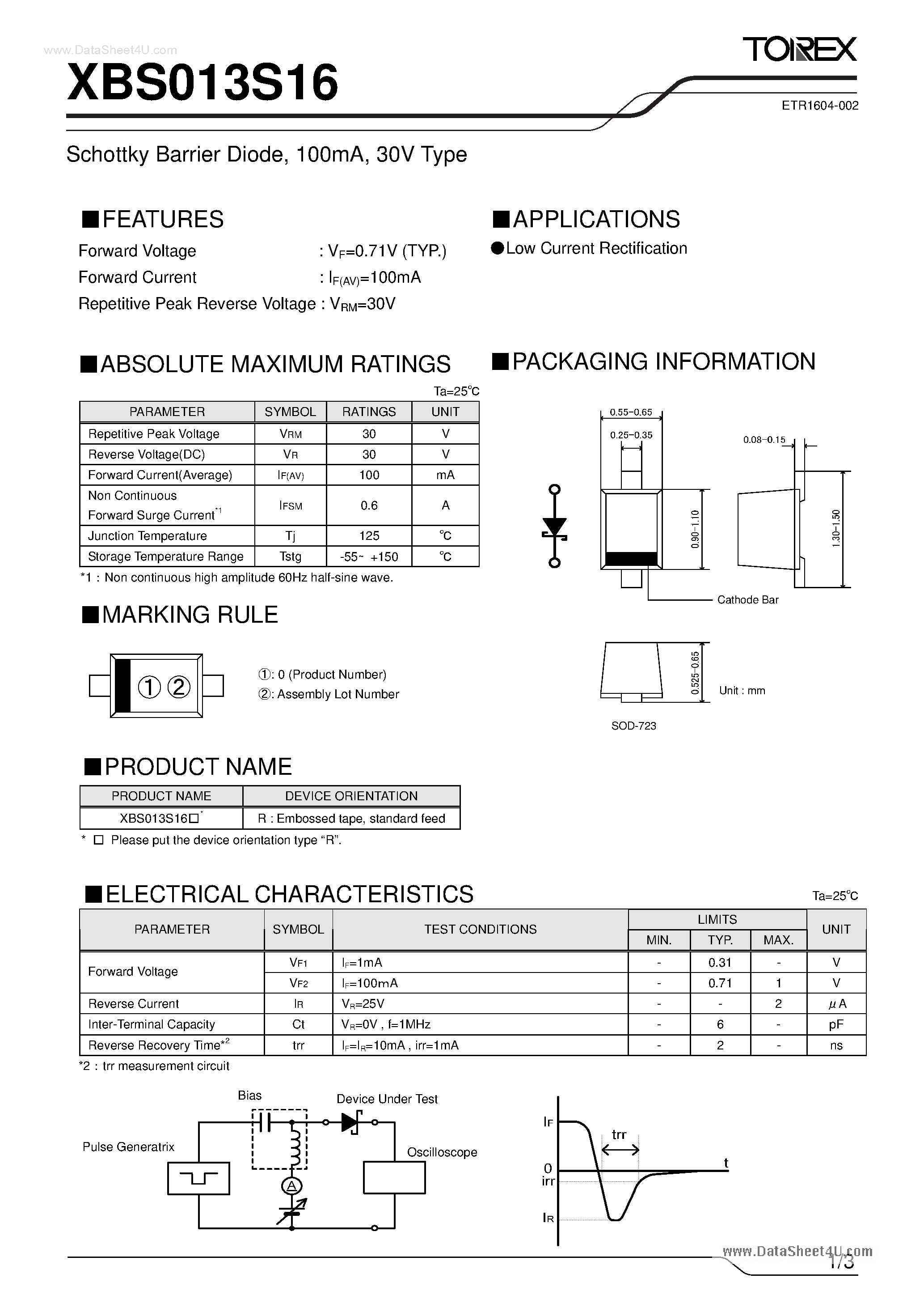 Datasheet XBS013S16 - Schottky Barrie Diodes page 1