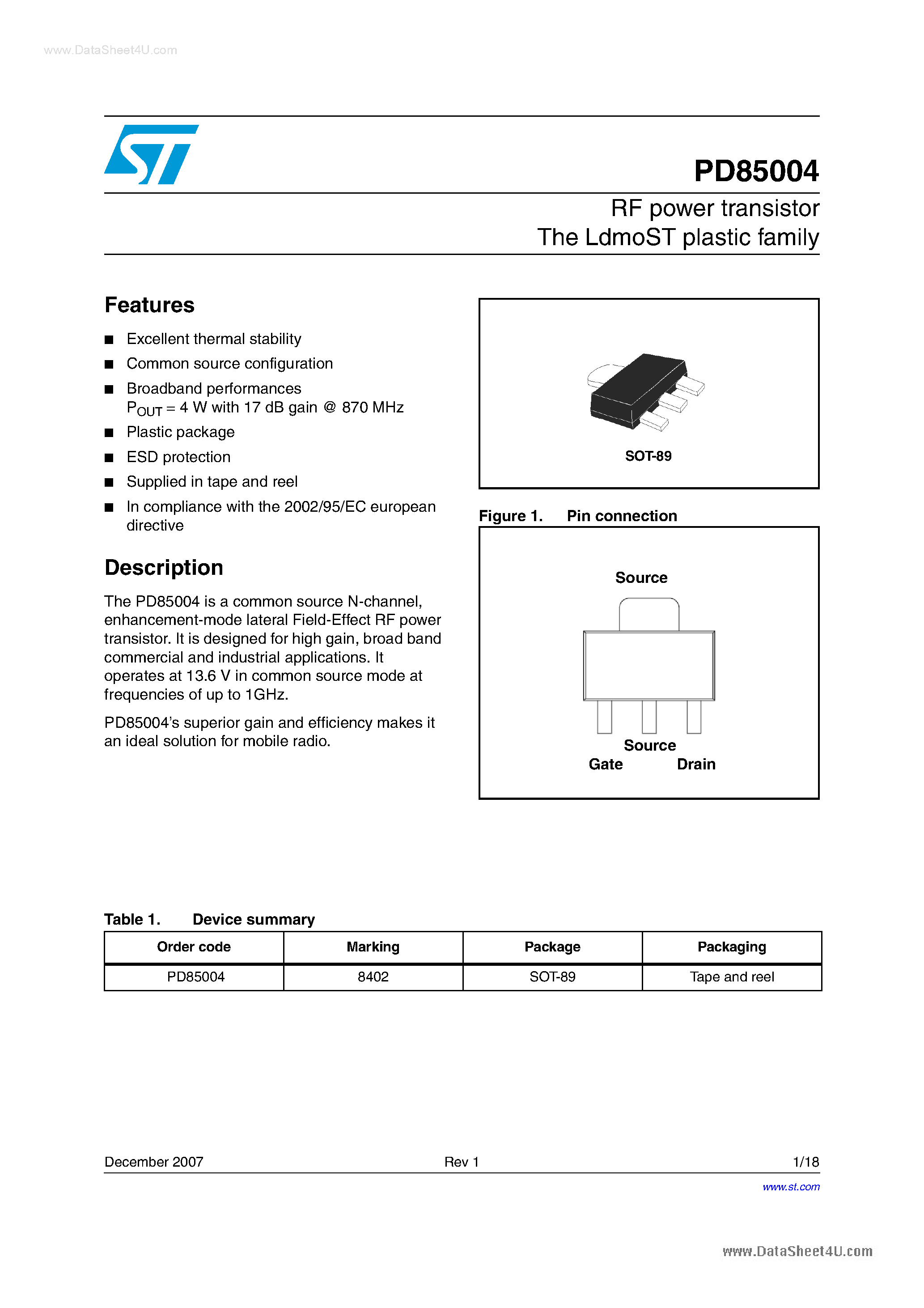 Datasheet PD85004 - Transistors page 1