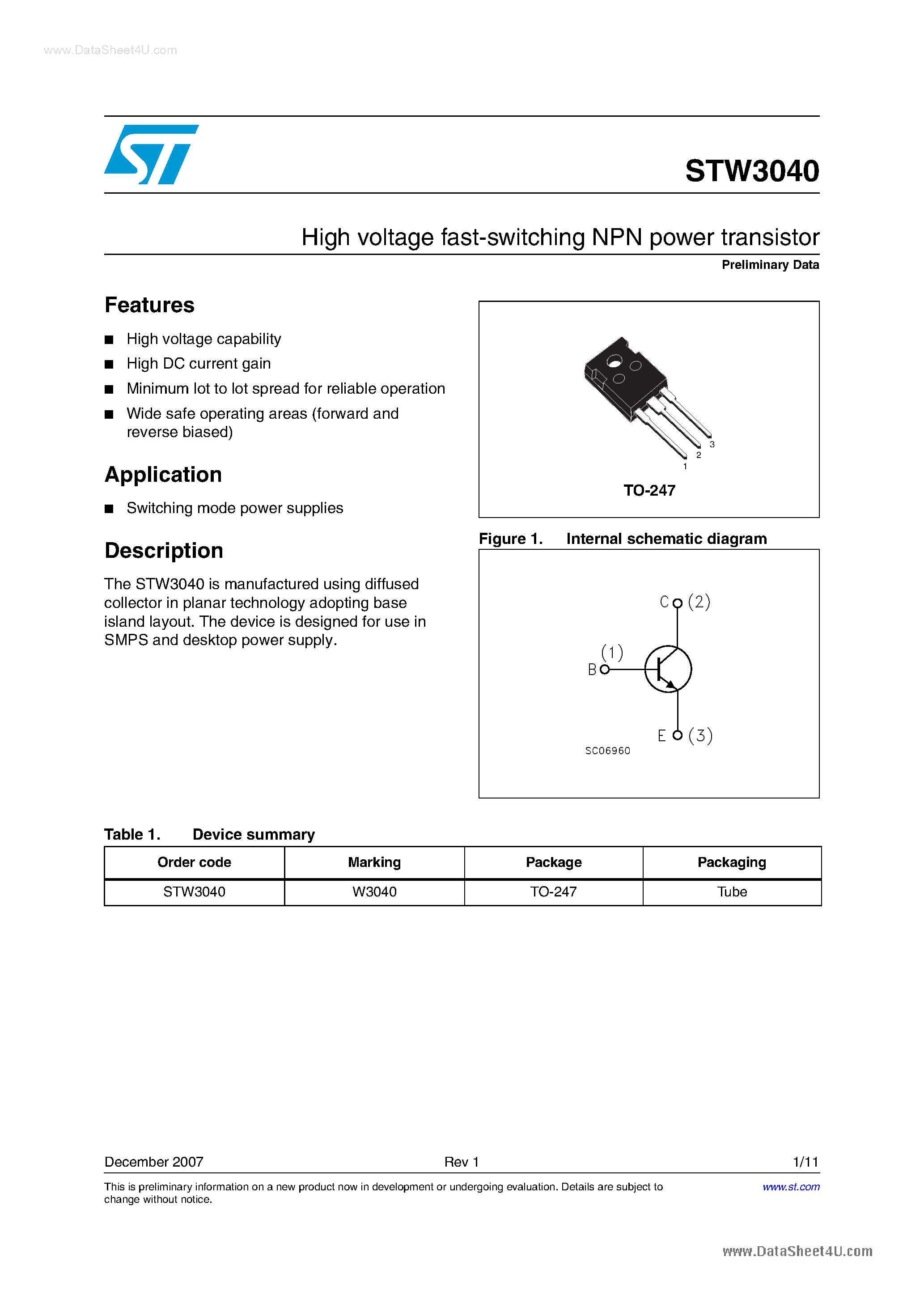 Datasheet STW3040 - Transistors page 1
