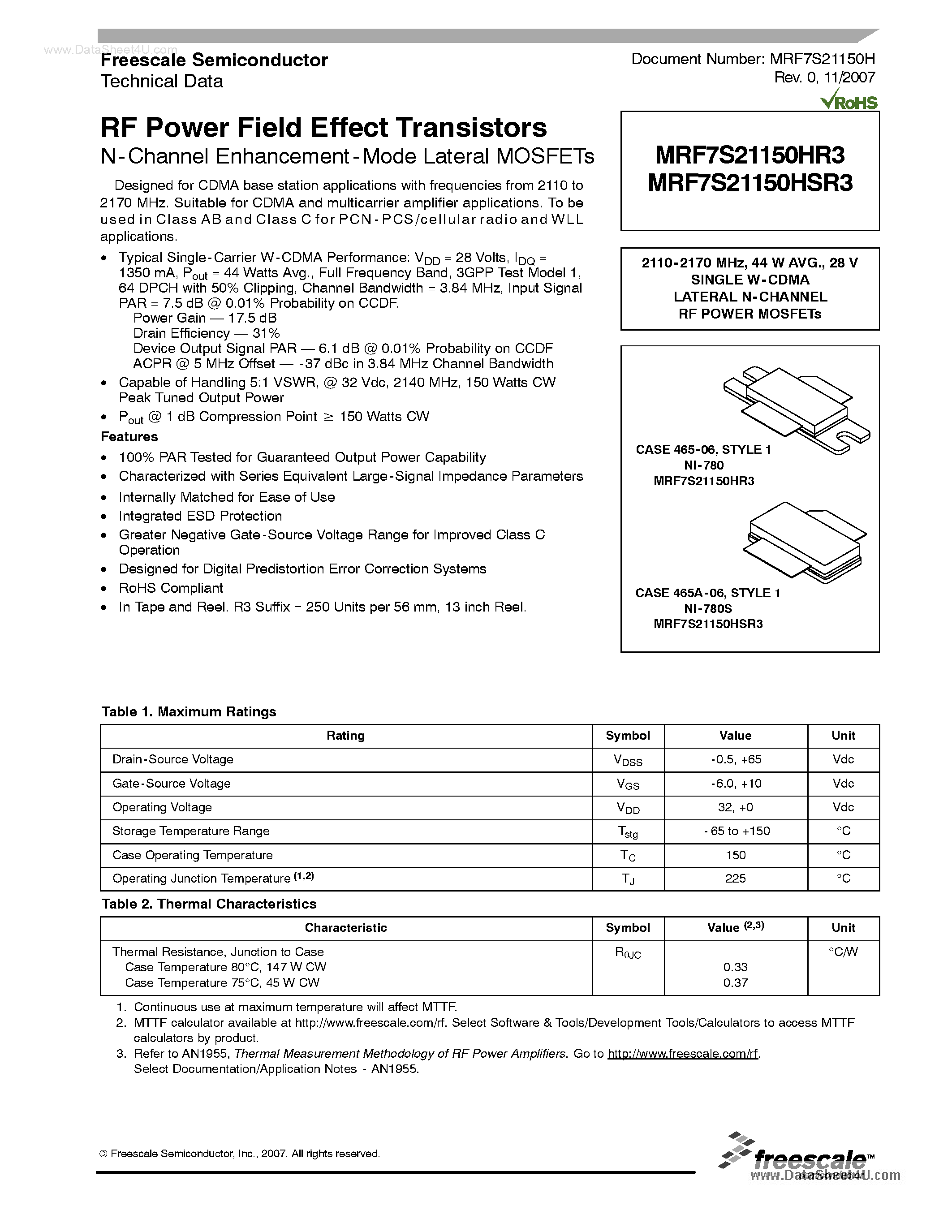 Datasheet MRF7S21150HR3 - RF Power Field Effect Transistors page 1