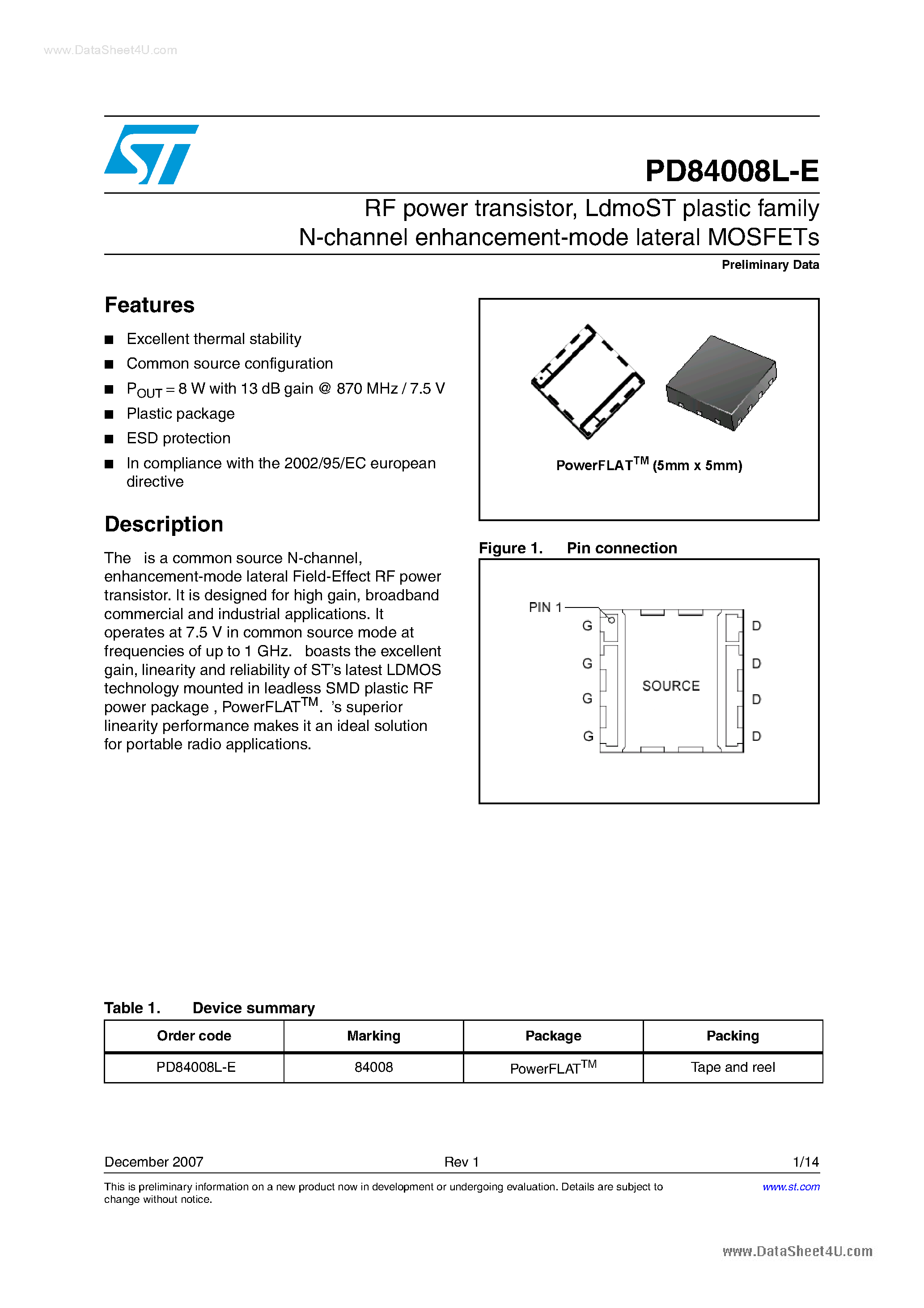 Даташит на микросхему PD84008L-E страница 1 Даташит PD84008L-E - Transistors страница 1