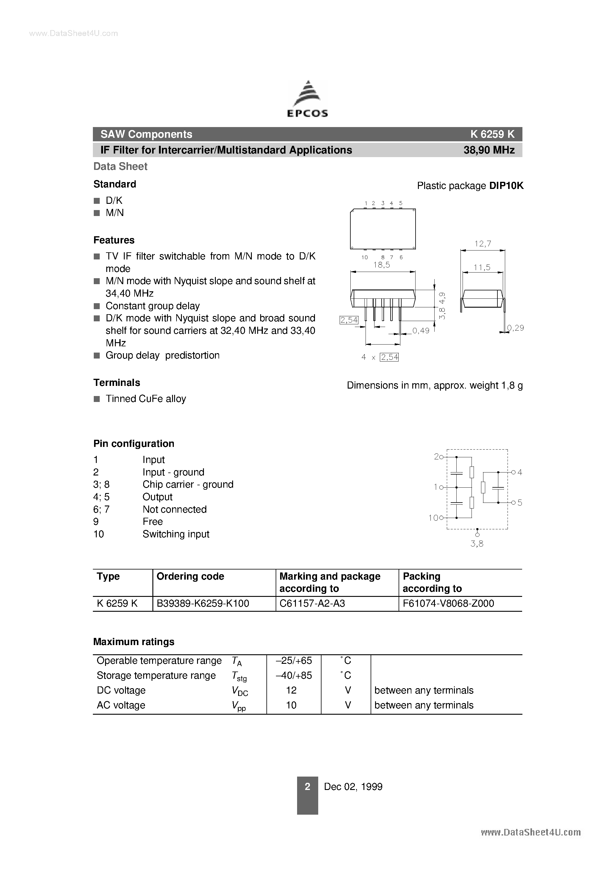 Даташит на микросхему K6259K страница 2 Даташит K6259K - SAW Components страница 2