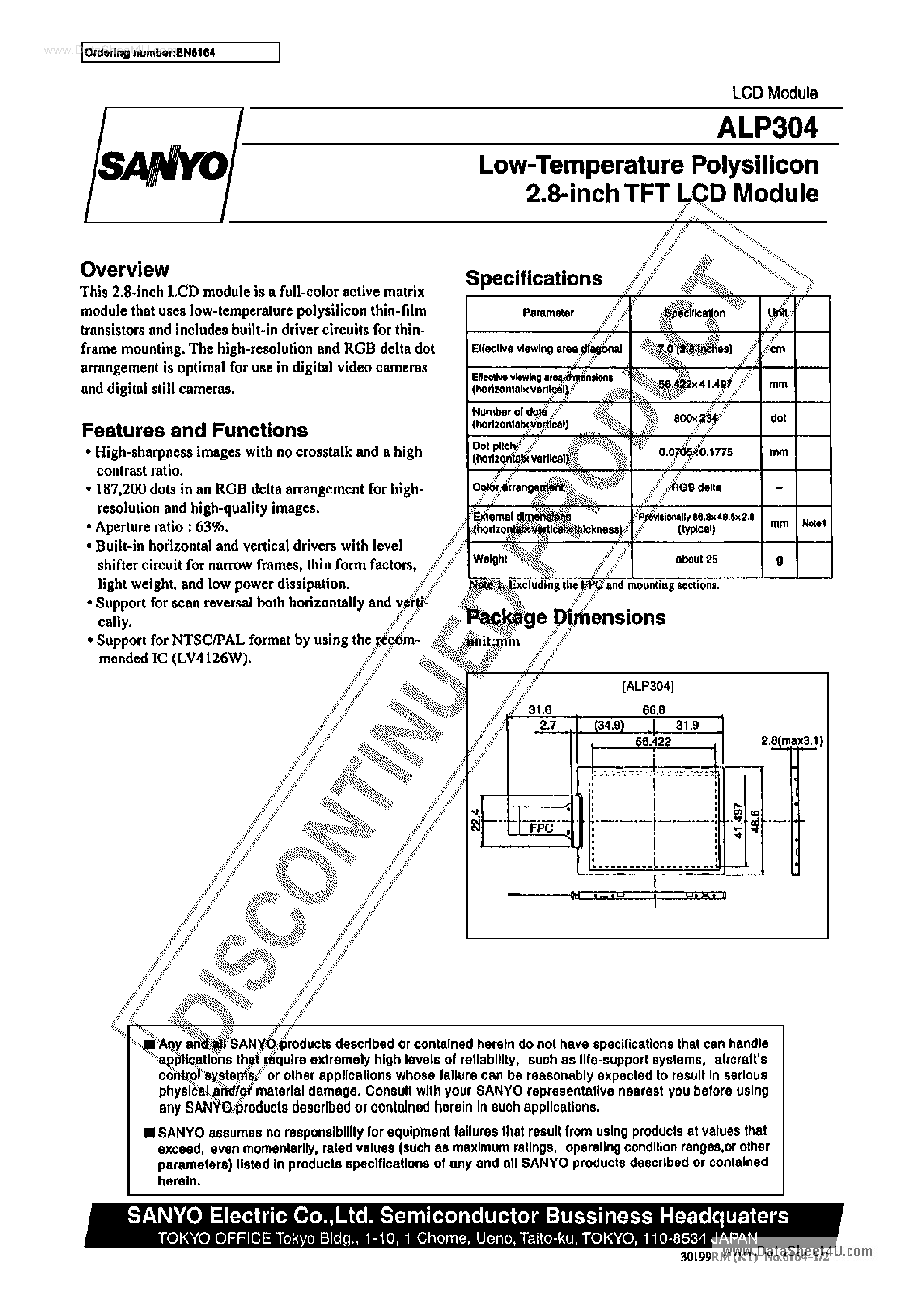 Даташит на микросхему ALP304 страница 1 Даташит ALP304 - Low Temperature Polysilicon 2.8-Inch TFT LDC Module страница 1