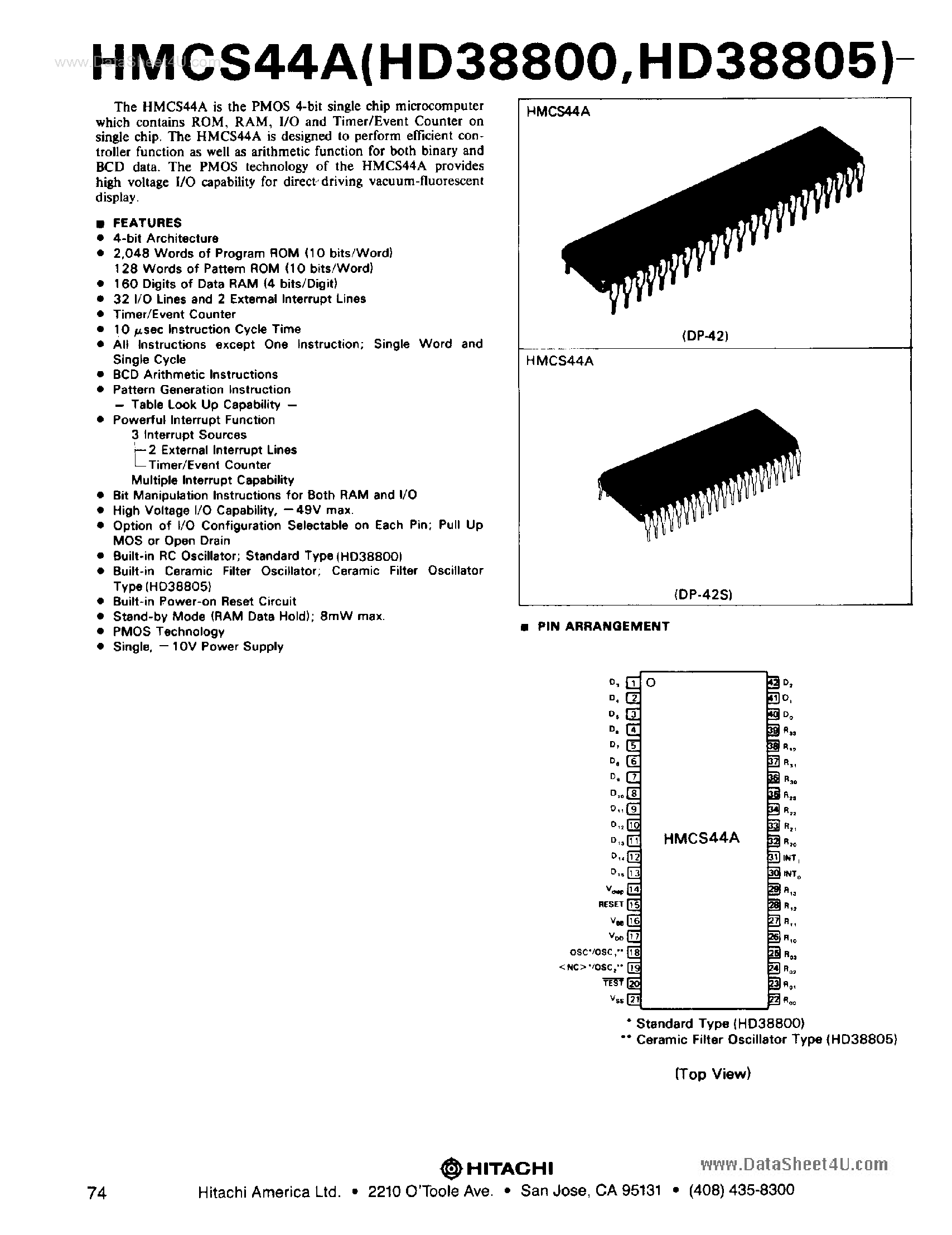 Даташит HMCS44 - PMOS 4-Bit Microcomputer страница 1