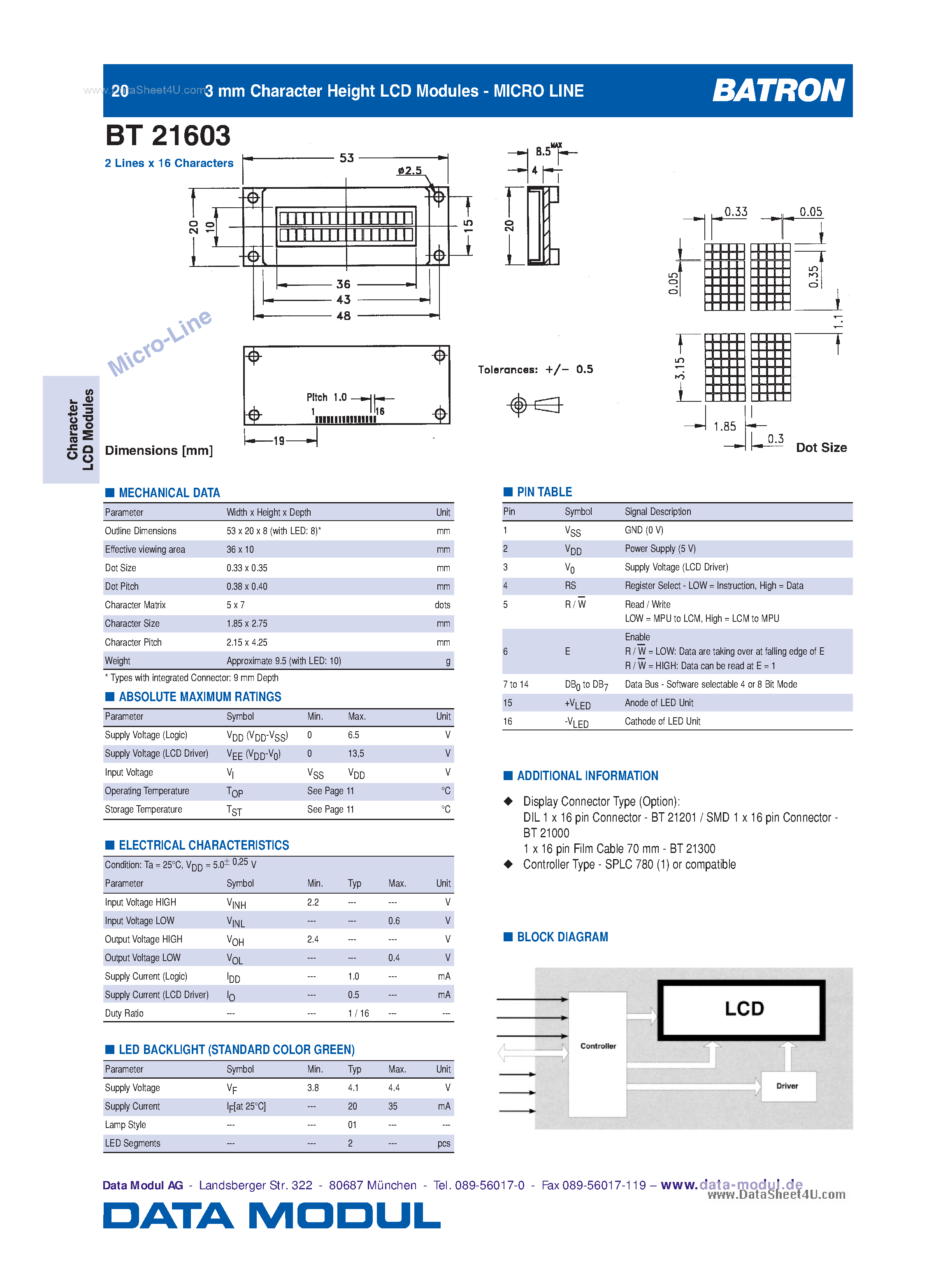 Datasheet BT21603 page 1 Datasheet BT21603 - 3 mm Character Height LCD Modules page 1