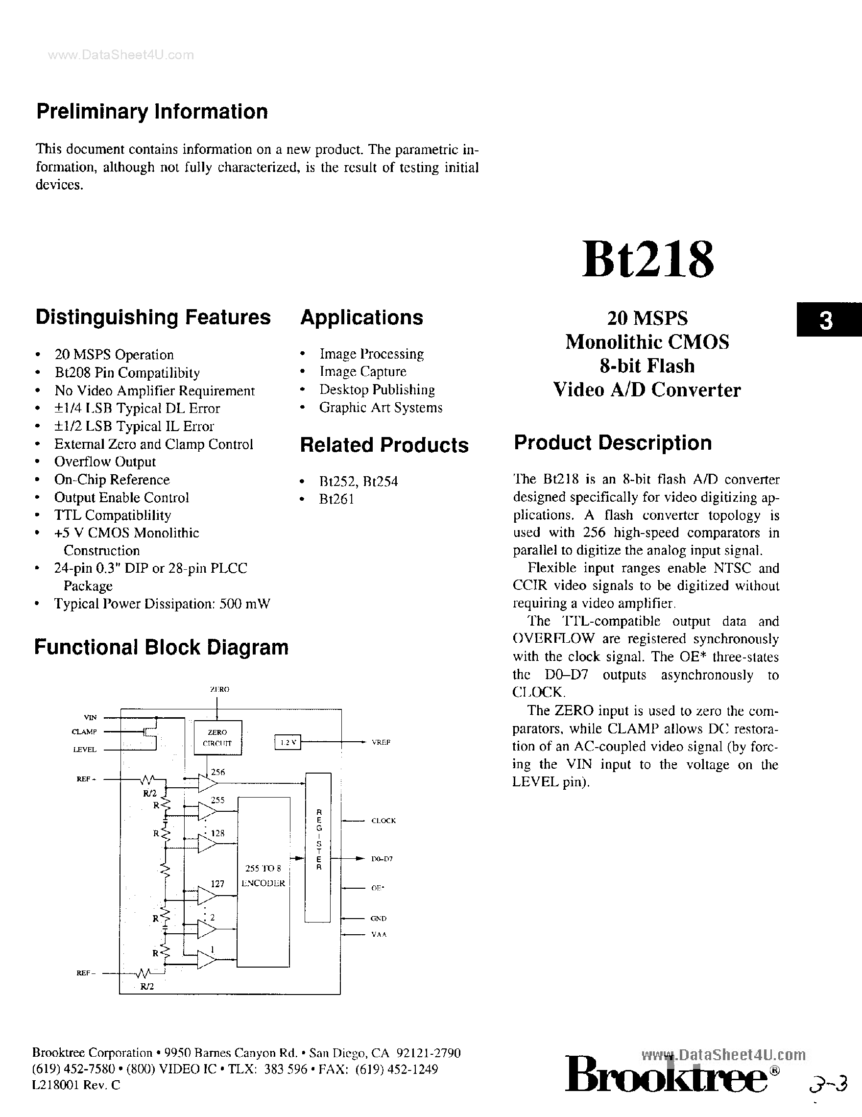 Даташит BT218 - Monolithic CMOS 8-Bit Flash Video A/D Converter страница 1