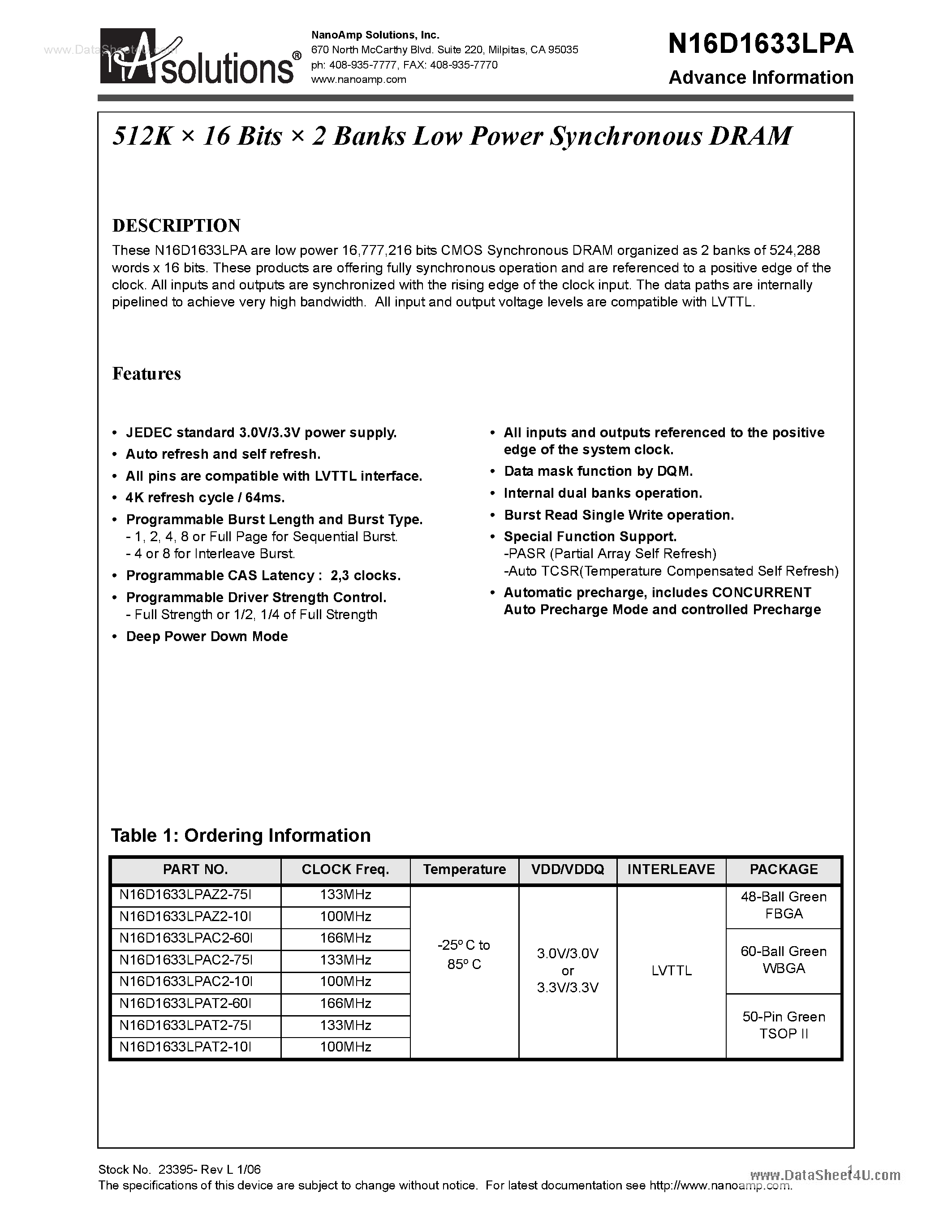 Datasheet N16D1633LPA - 512K X 16 Bits X 2 Banks Low Power Synchronous DRAM page 1