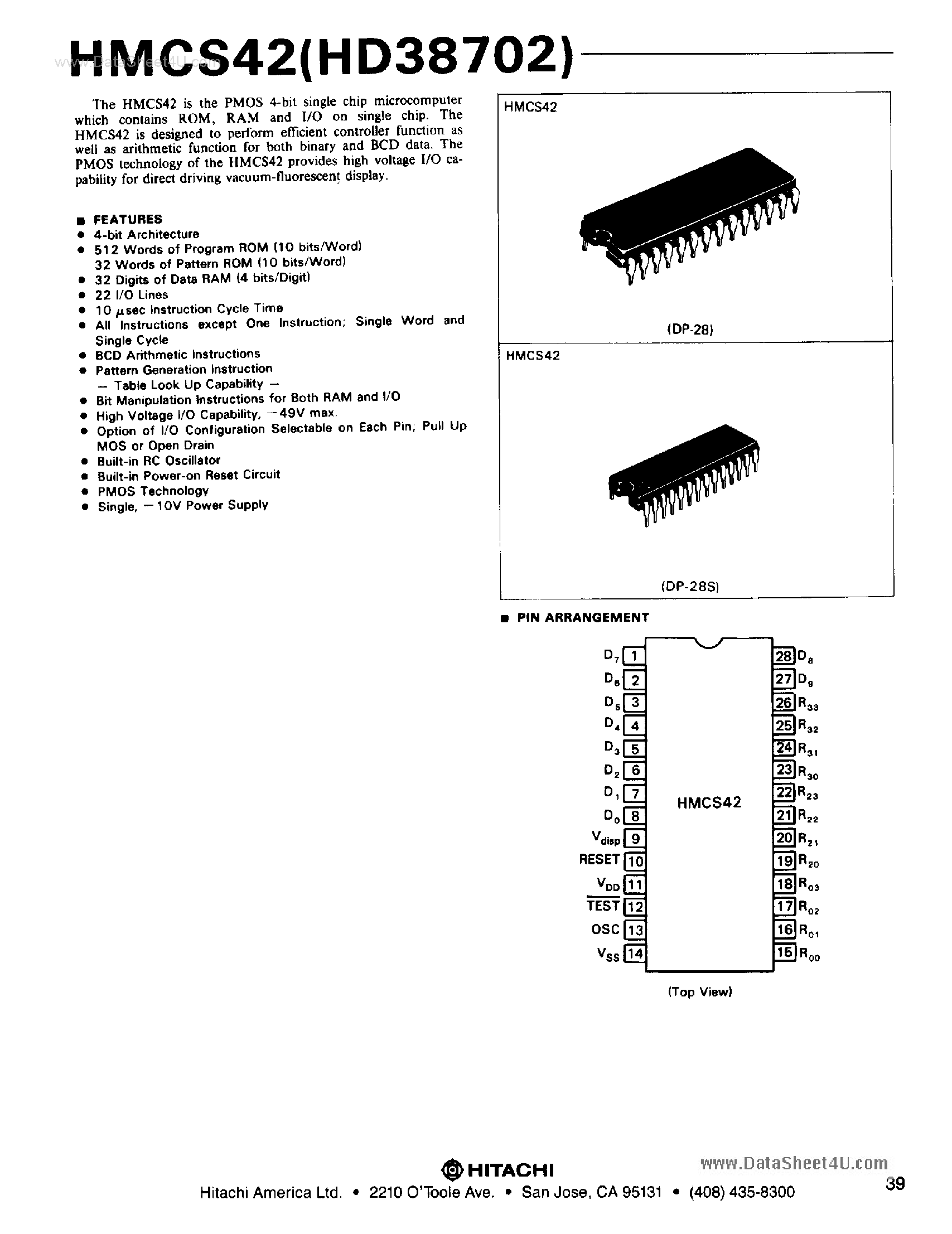 Даташит HD38702 - PMOS 4-Bit Microcomputer страница 1