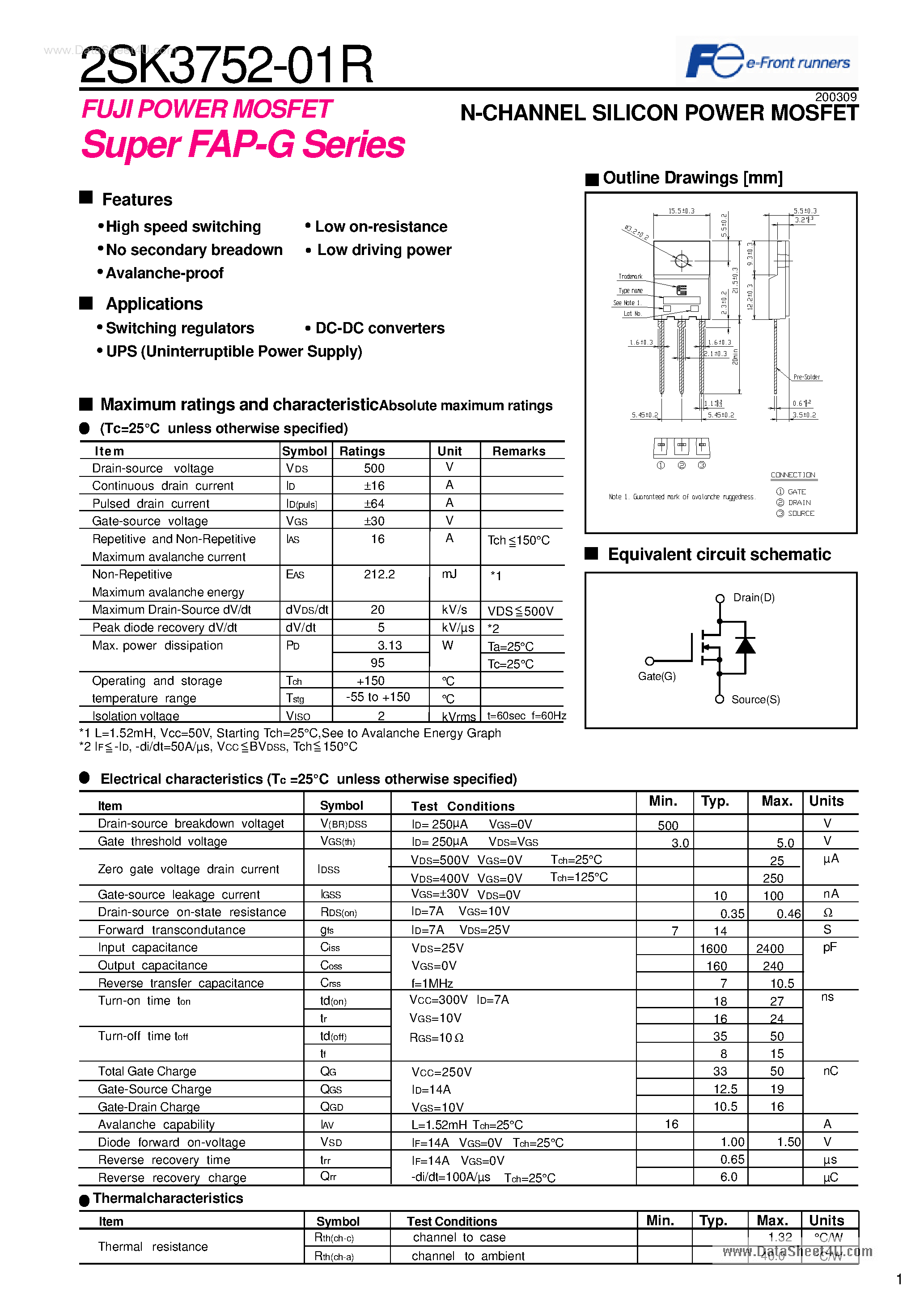 Datasheet 2SK3752-01R - N-CHANNEL SILICON POWER MOSFET page 1