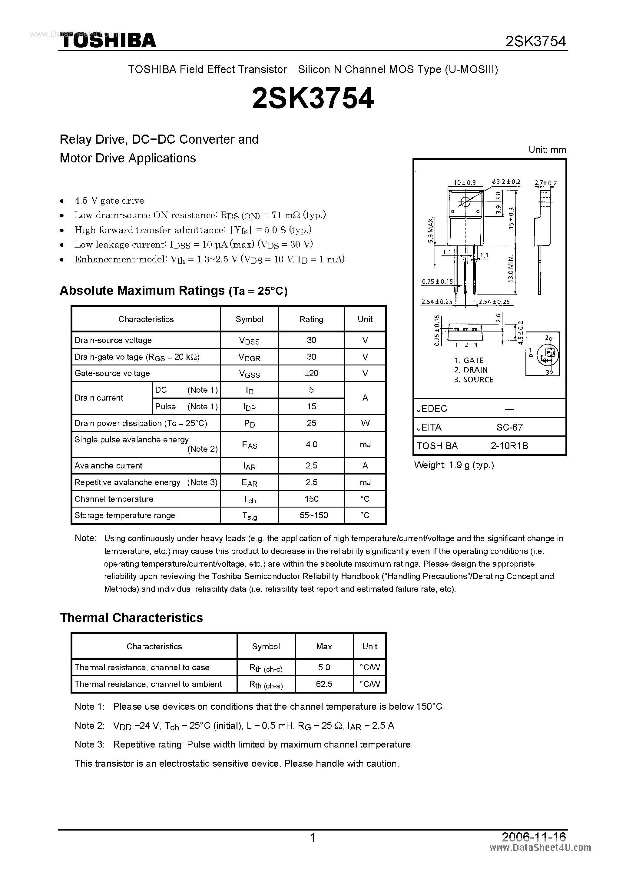 Datasheet 2SK3754 page 1 Datasheet 2SK3754 - Silicon N Channel MOS Type Relay Drive page 1