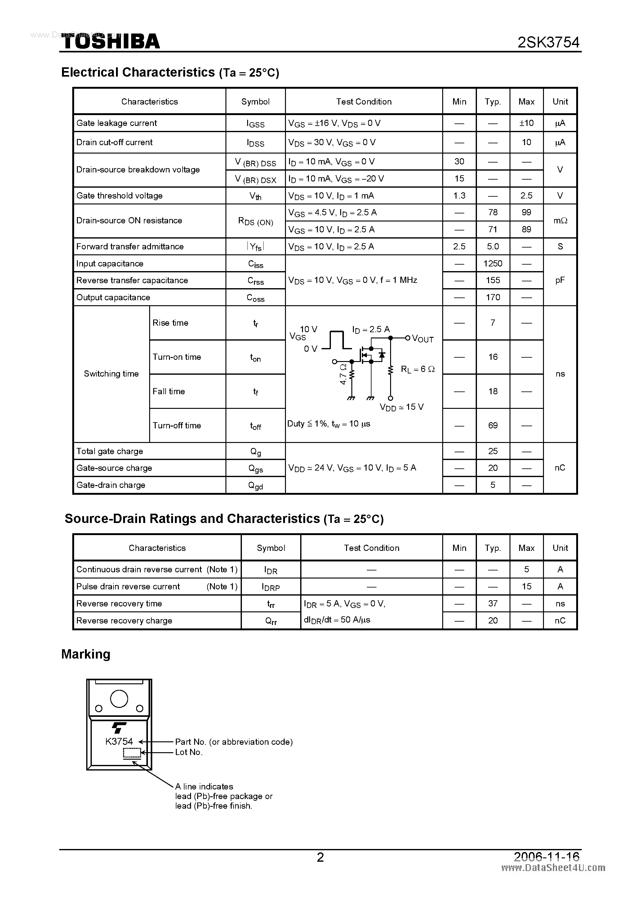 Datasheet 2SK3754 page 2 Datasheet 2SK3754 - Silicon N Channel MOS Type Relay Drive page 2
