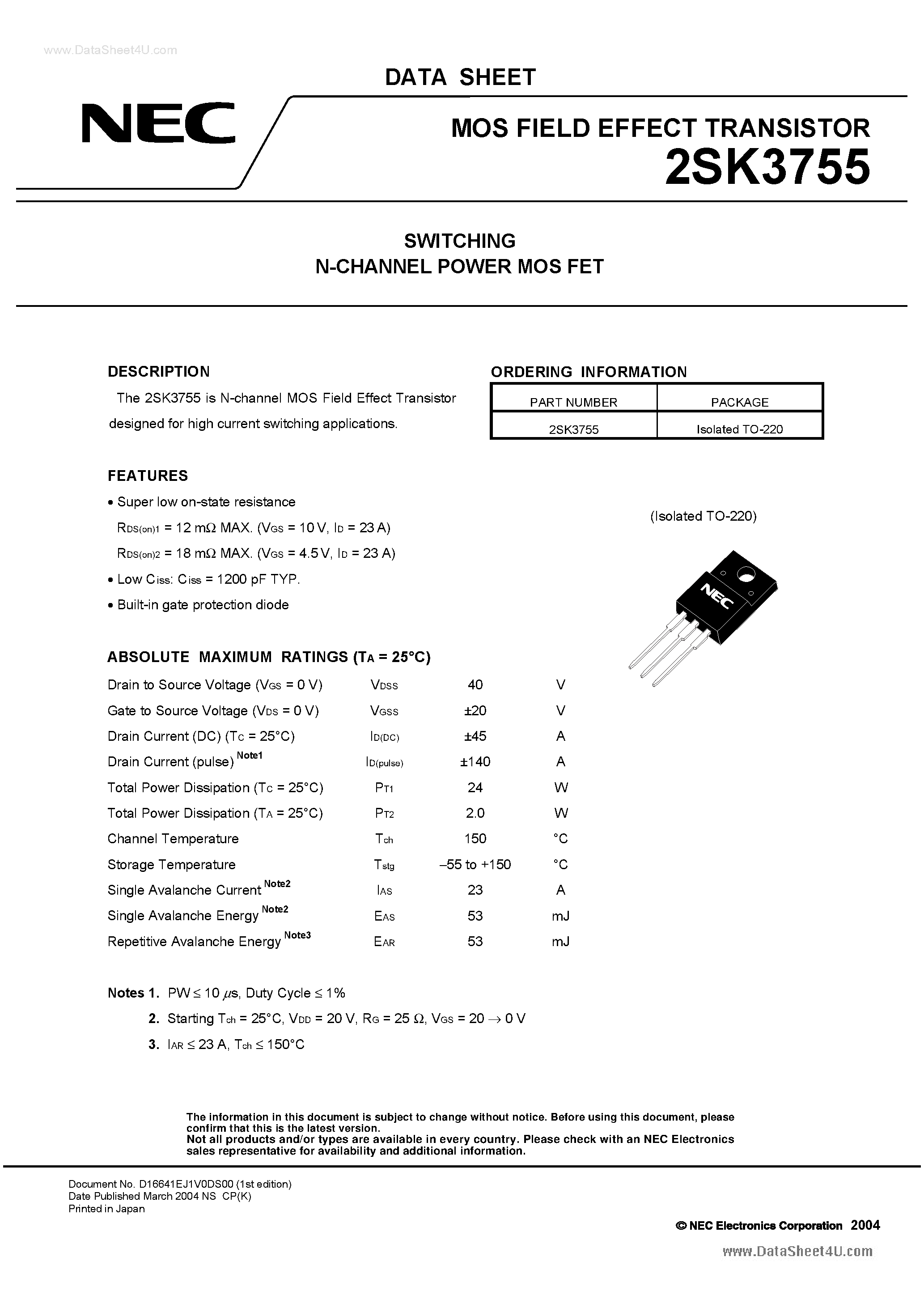 Datasheet 2SK3755 - SWITCHING N-CHANNEL POWER MOSFET page 1