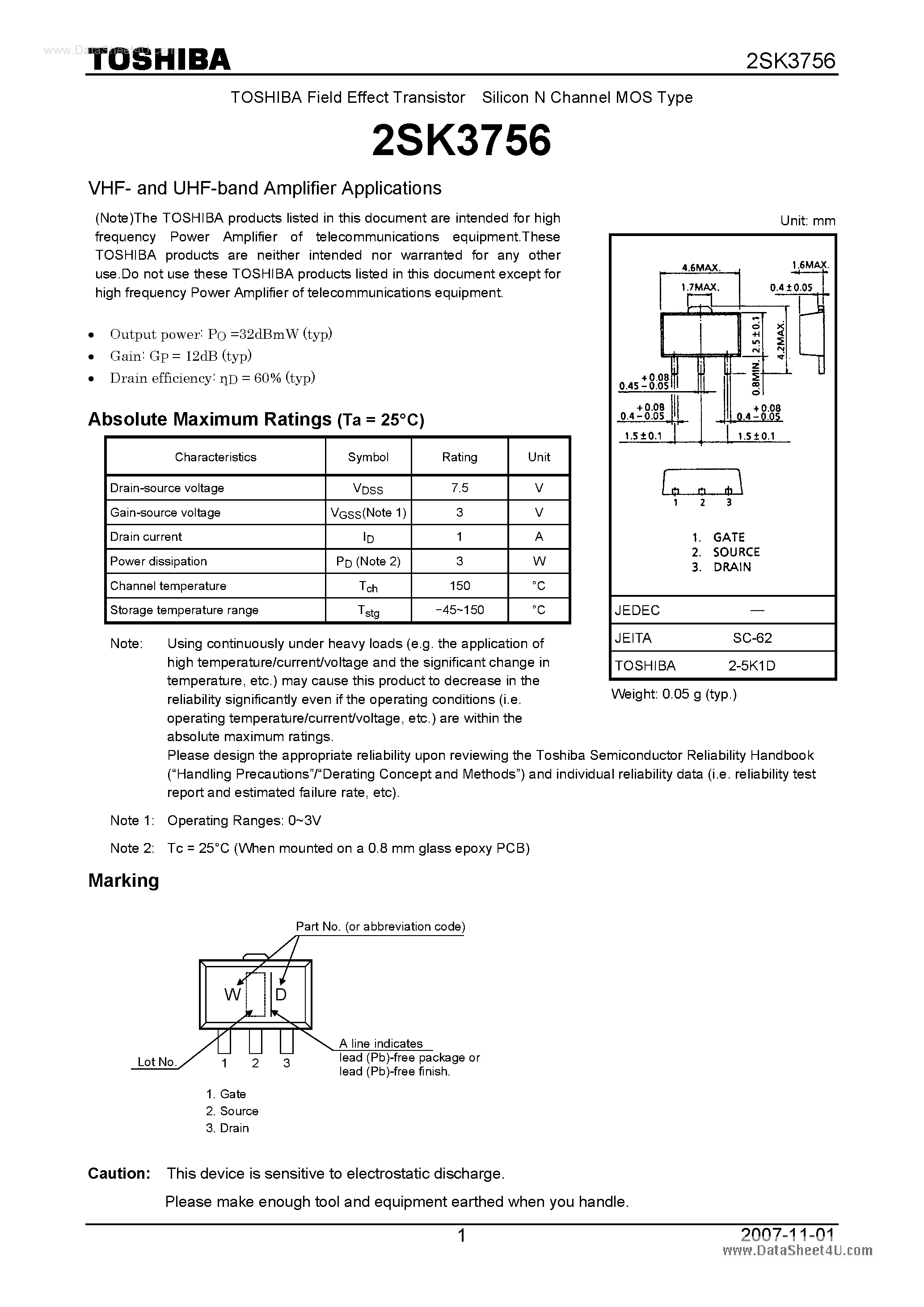 Datasheet 2SK3756 - Silicon N Channel MOS Type VHF- and UHF-band Amplifier Applications page 1
