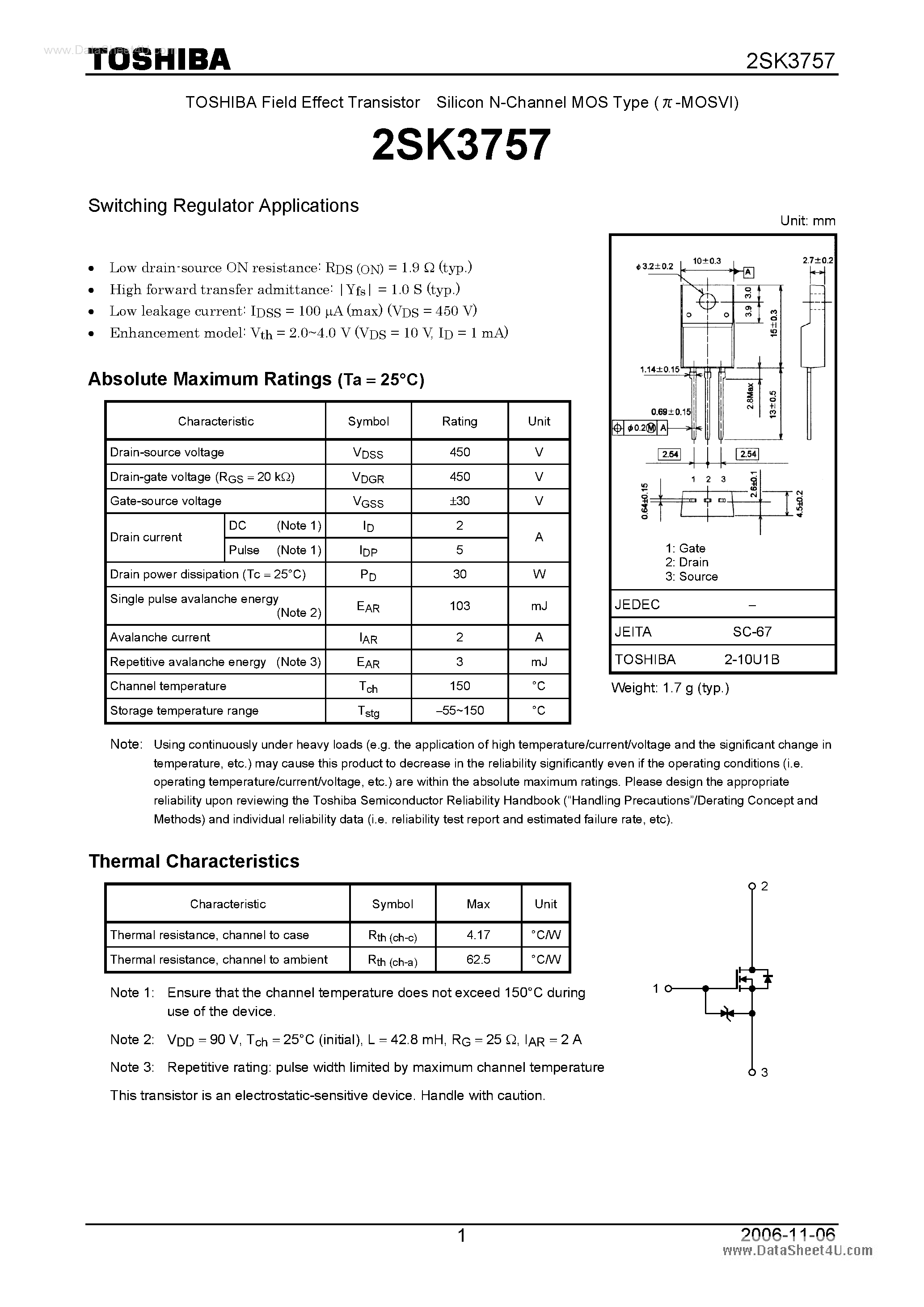 Datasheet 2SK3757 - Silicon N-Channel MOS Type Switching Regulator Applications page 1