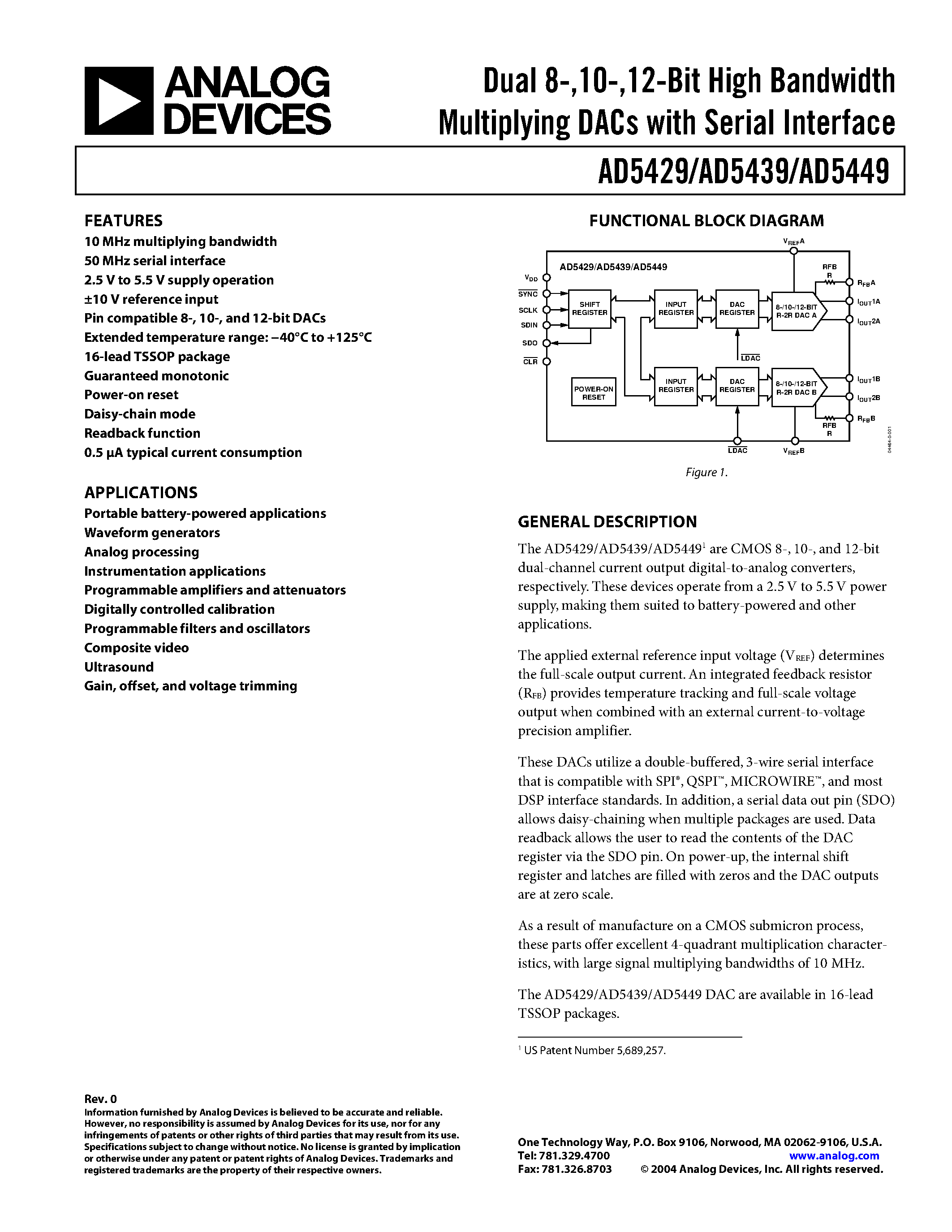 Даташит на микросхему AD5429 страница 1 Даташит AD5429 - (AD54x9) Bandwidth Multiplying DACs страница 1