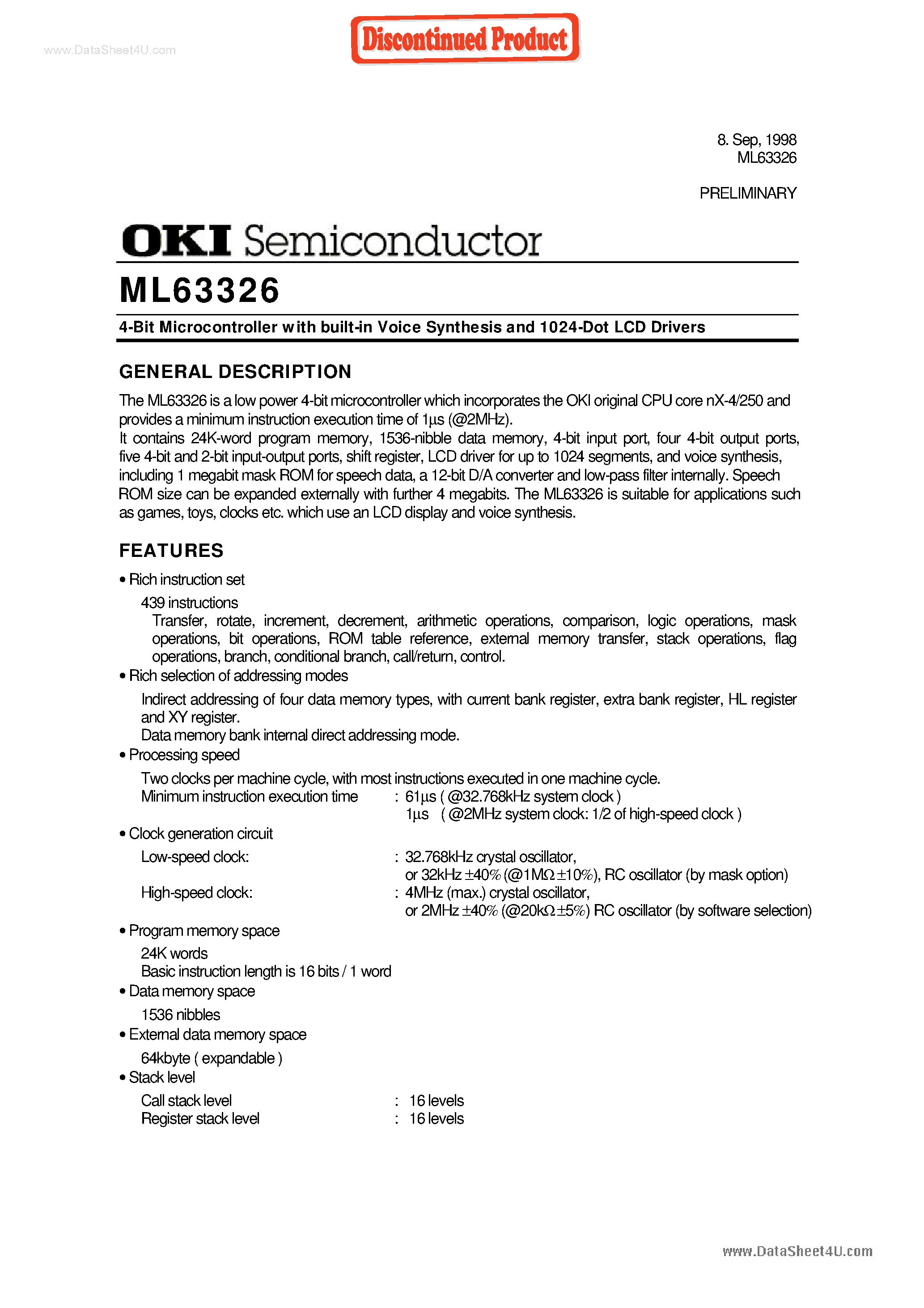 Datasheet ML63326 - 4-Bit Microcontroller page 1