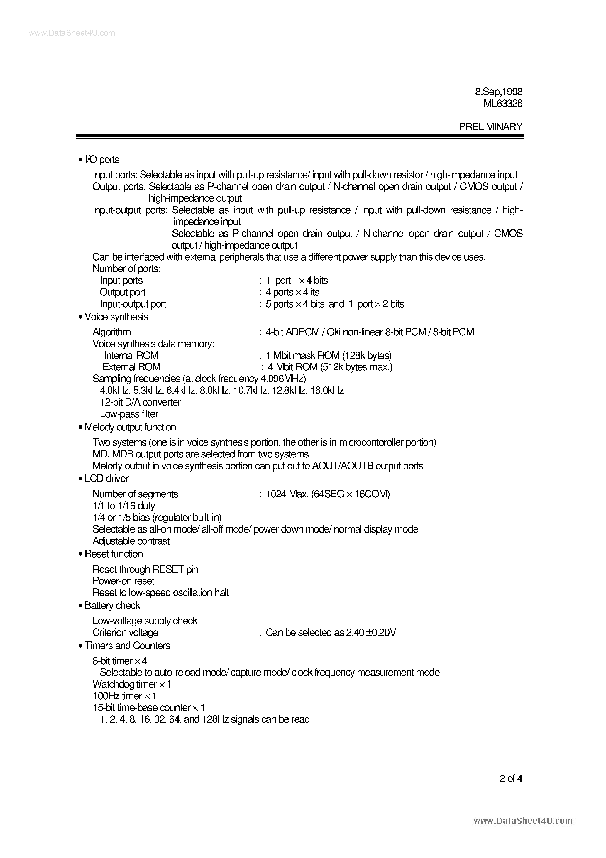 Datasheet ML63326 - 4-Bit Microcontroller page 2