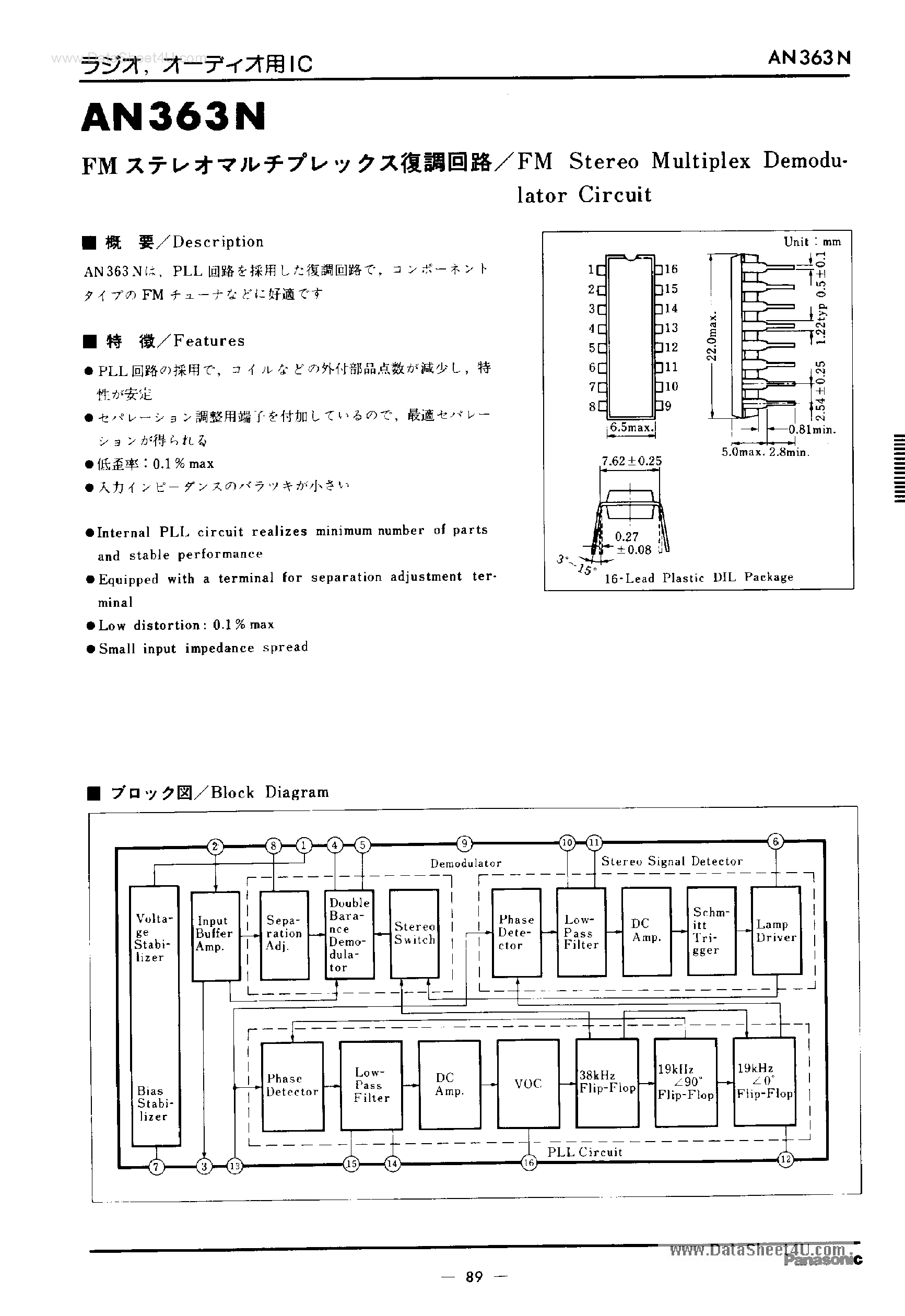 Даташит AN363N - FM Stereo Multiplex Demodulator Circuit страница 1