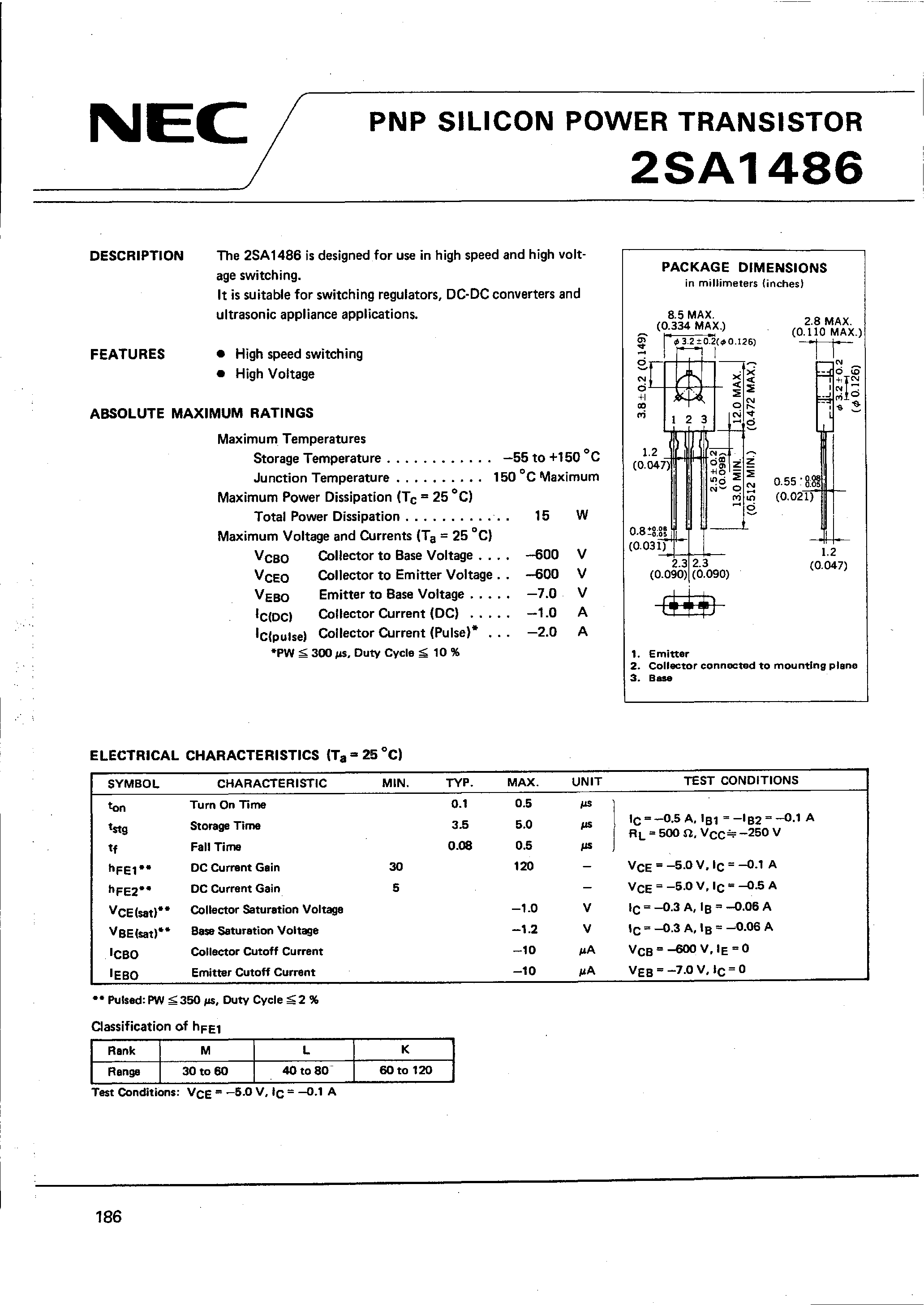 Datasheet 2SA1486 - PNP SILICON POWER TRANSISTOR page 1