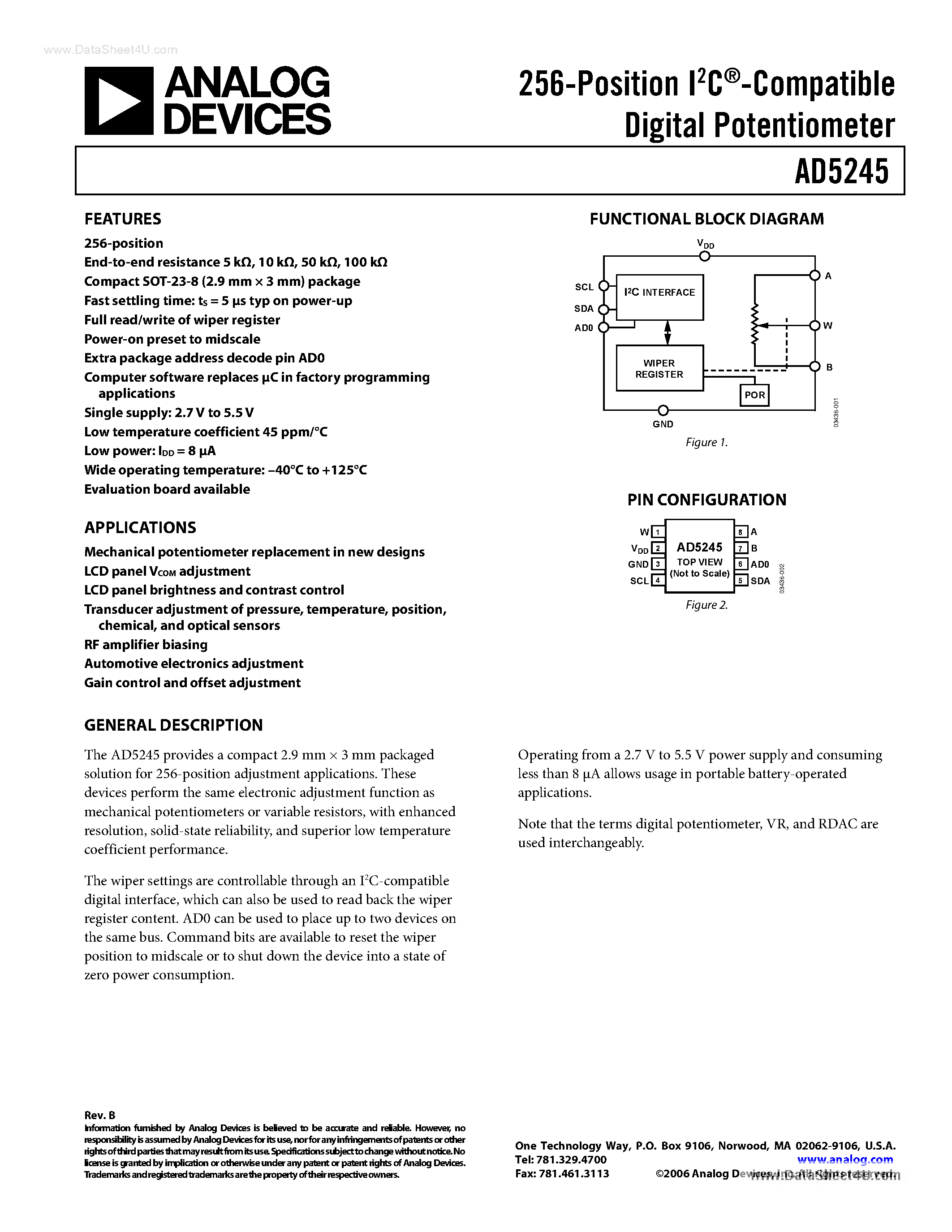 Datasheet AD5245BRJ10-xx - 256-Position I2C Compatible Digital Potentiometer page 1