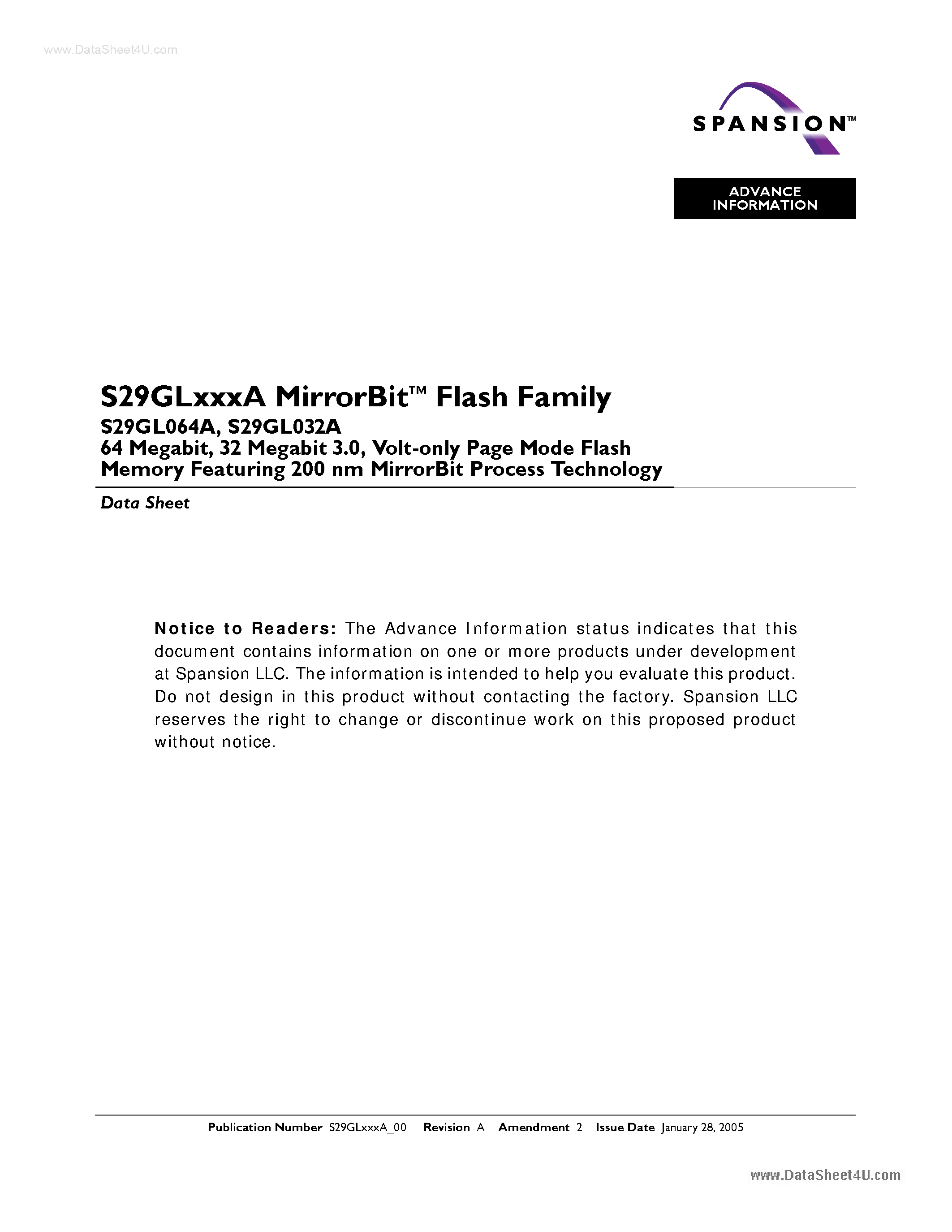 Datasheet S29GL032A - (S29GLxxxA) 64 MEGABIT 32MEGABIT 3.0 BOLT ONLY PAGE MODE FLASH MEMORY page 1