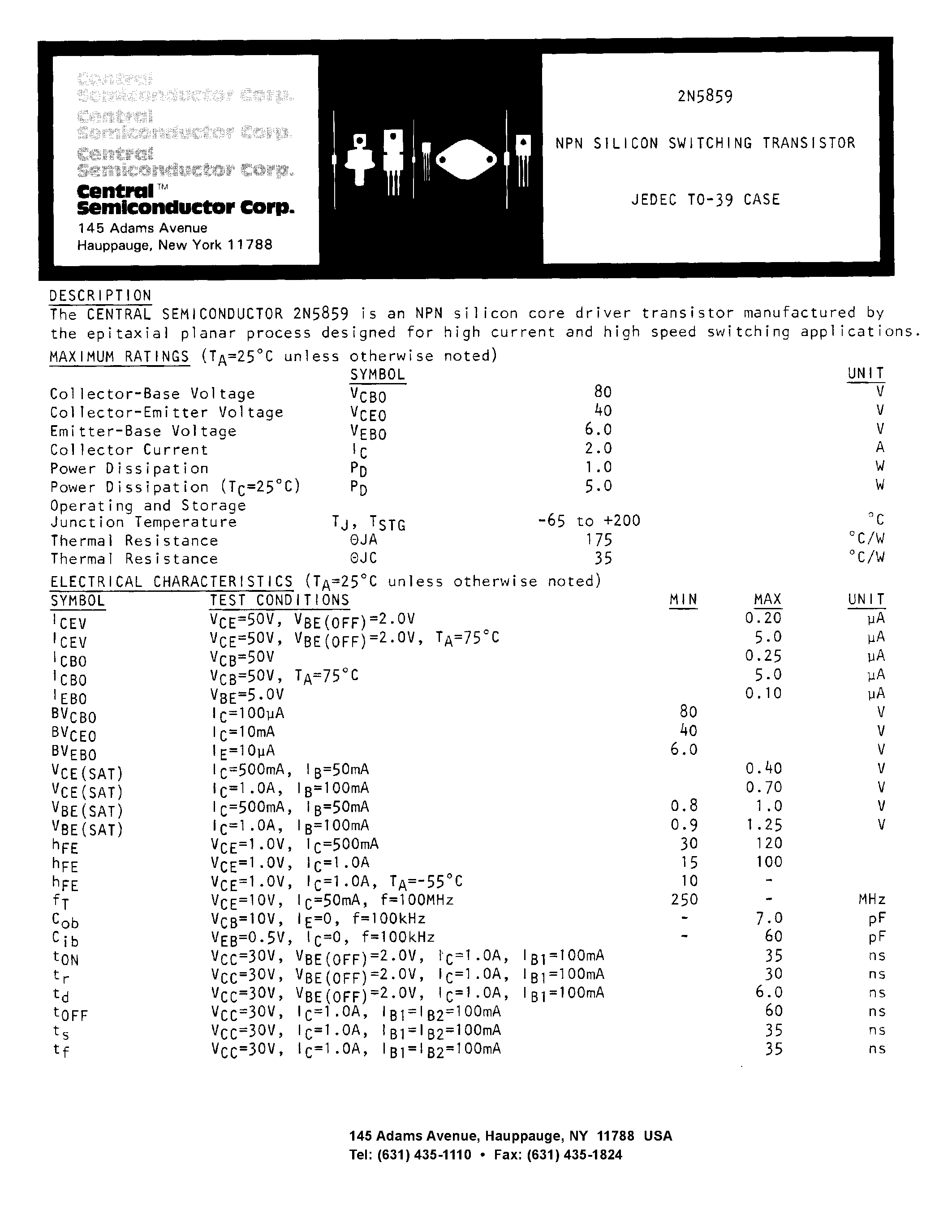Datasheet 2N5859 - NPN SILICON SWITCHING TRANSISTOR page 1