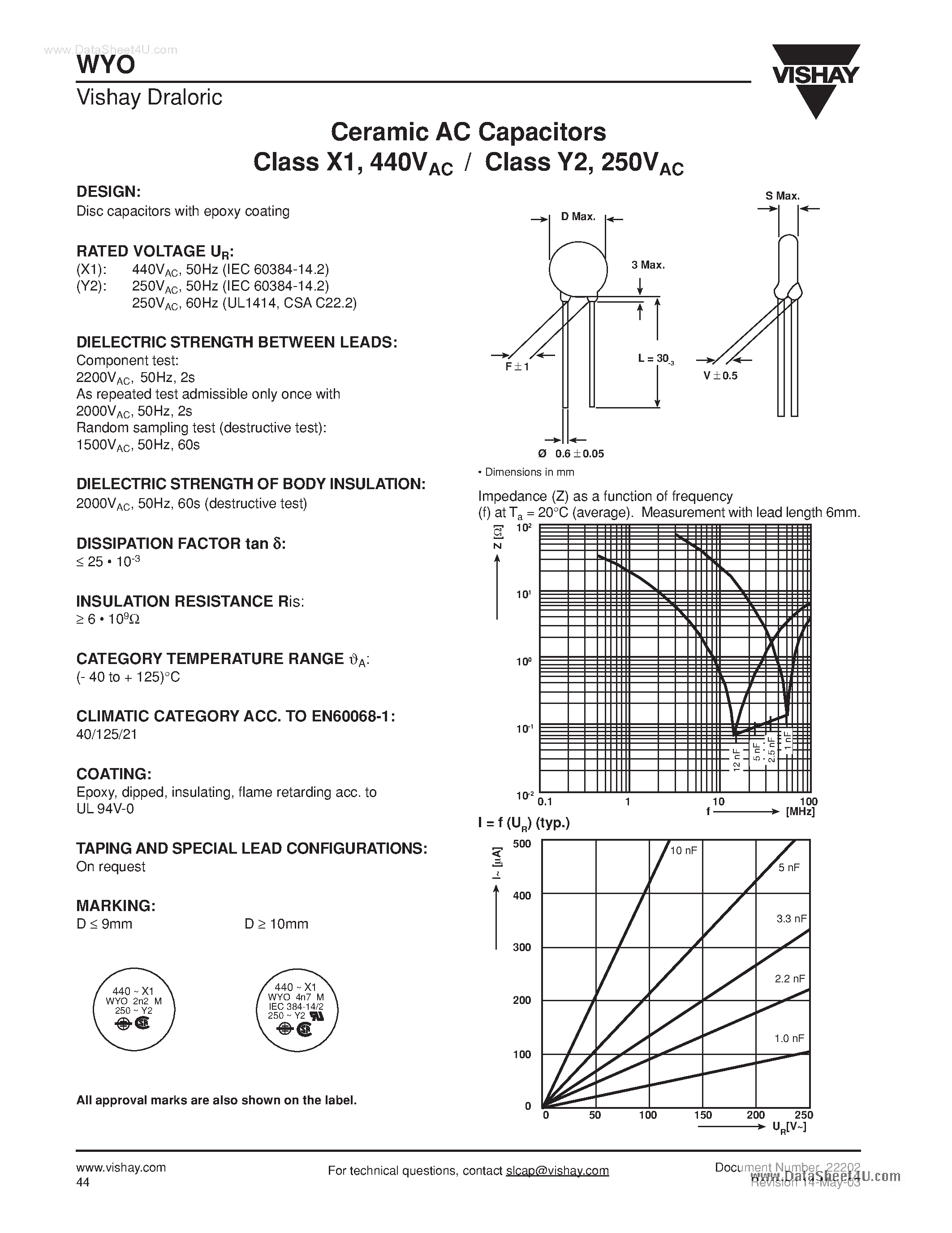 Datasheet WYO102CMxxxK - (WYOxxxCMxxxK) Ceramic ac Capacitors page 1