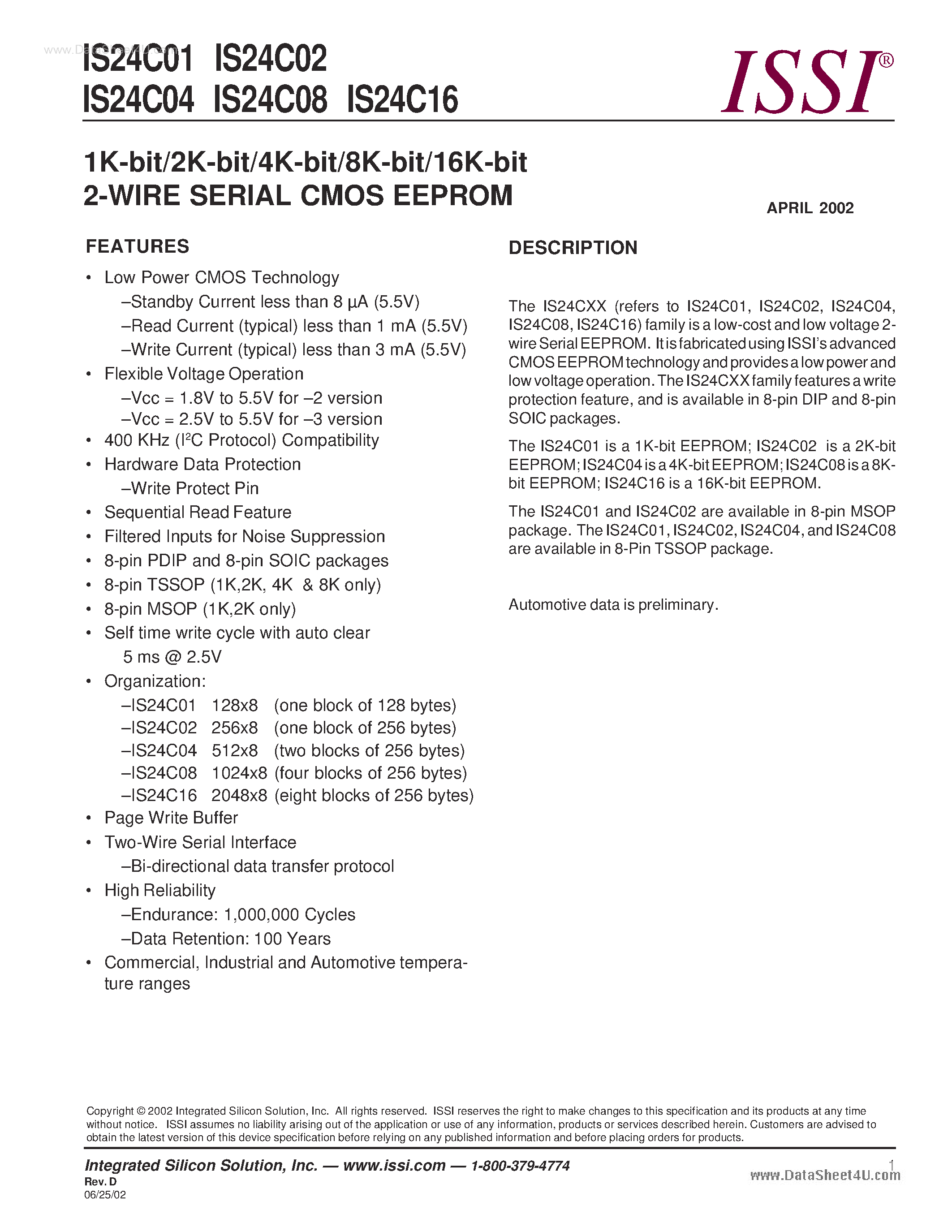 Даташит на микросхему 24C01 страница 1 Даташит 24C01 - (24C01 - 24C16) 2-WIRE SERIAL CMOS EEPROM страница 1