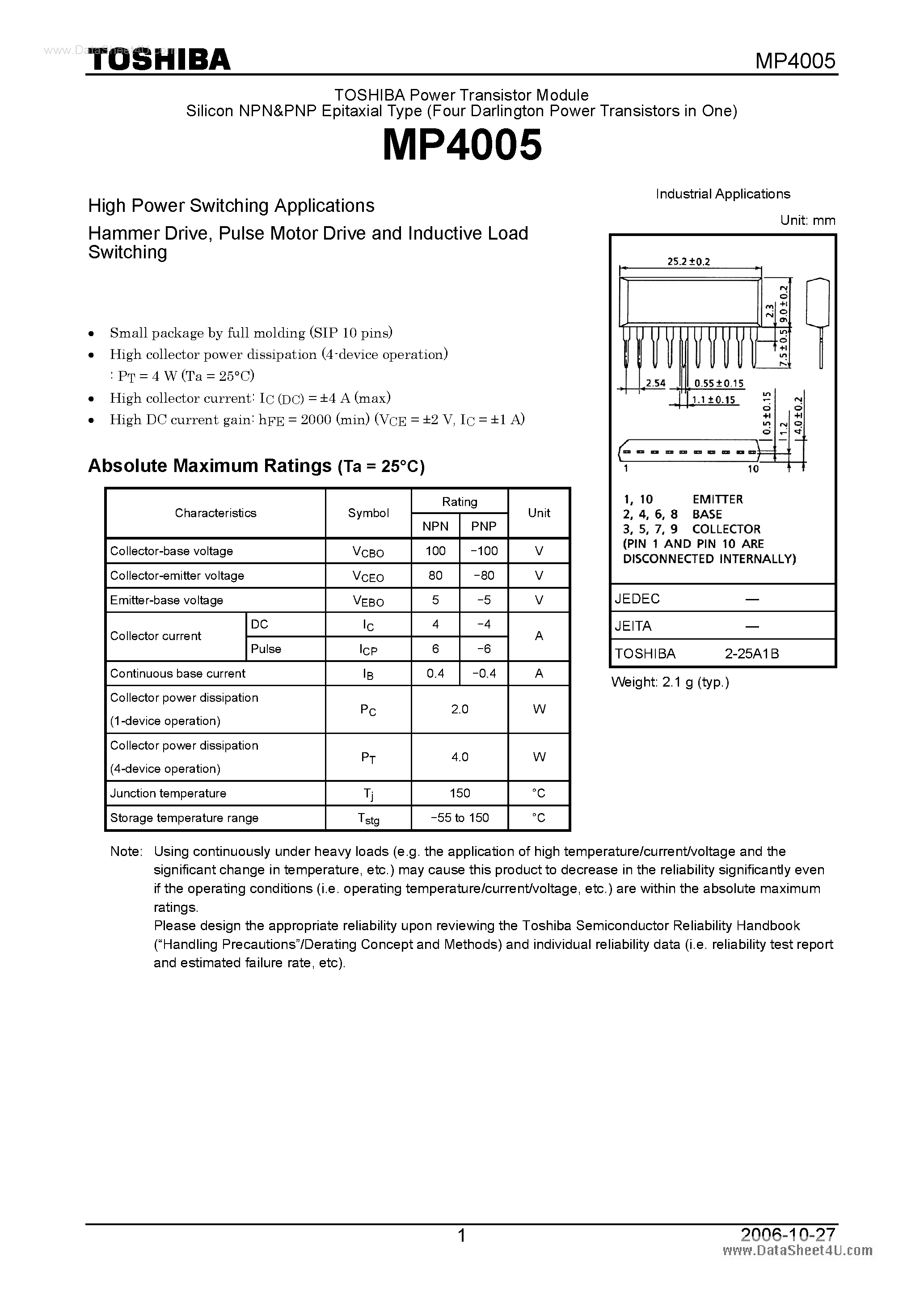 Datasheet MP4005 page 1 Datasheet MP4005 - High Power Switching Applications page 1