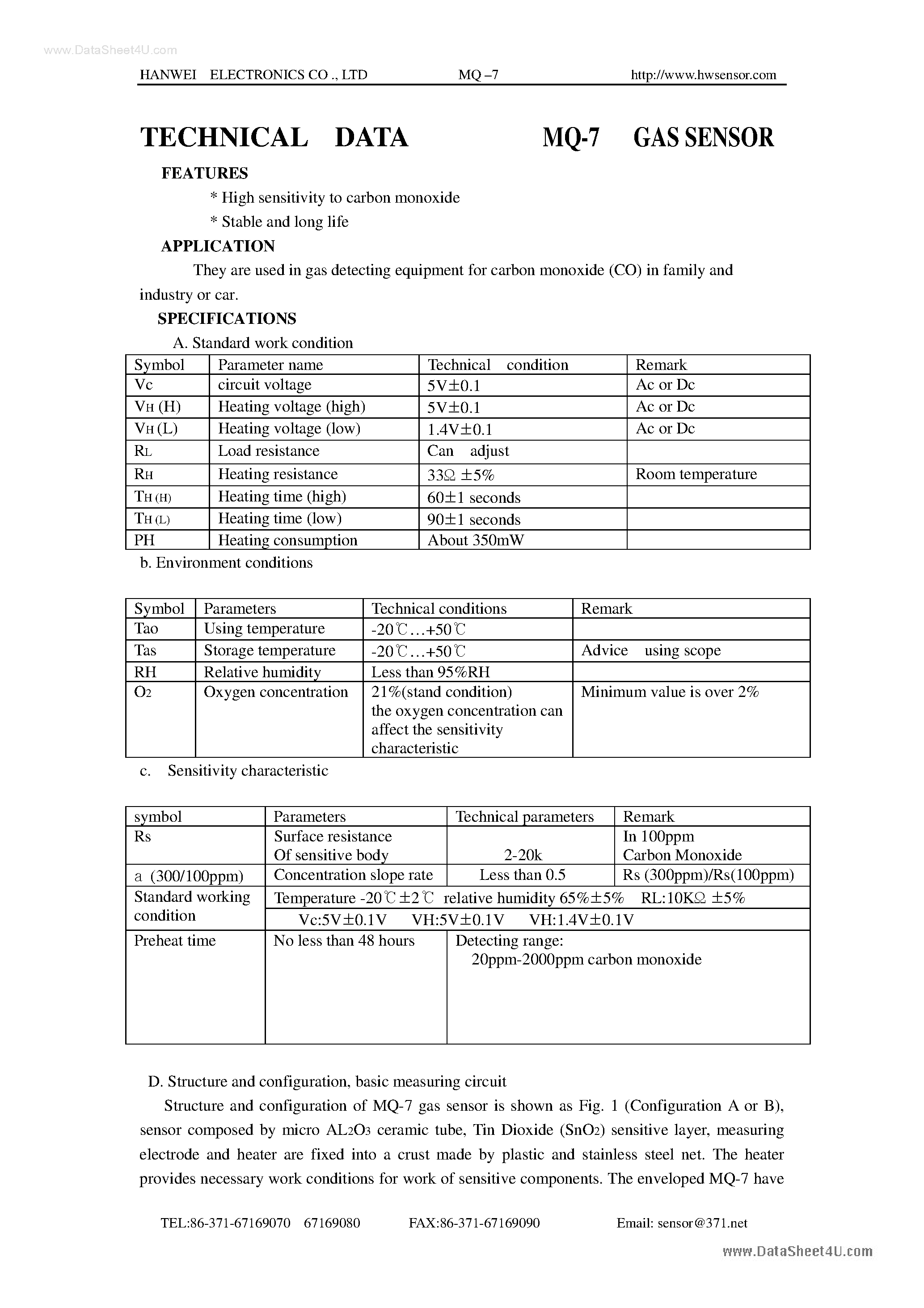Datasheet MQ-7 - Gas Sensor page 1
