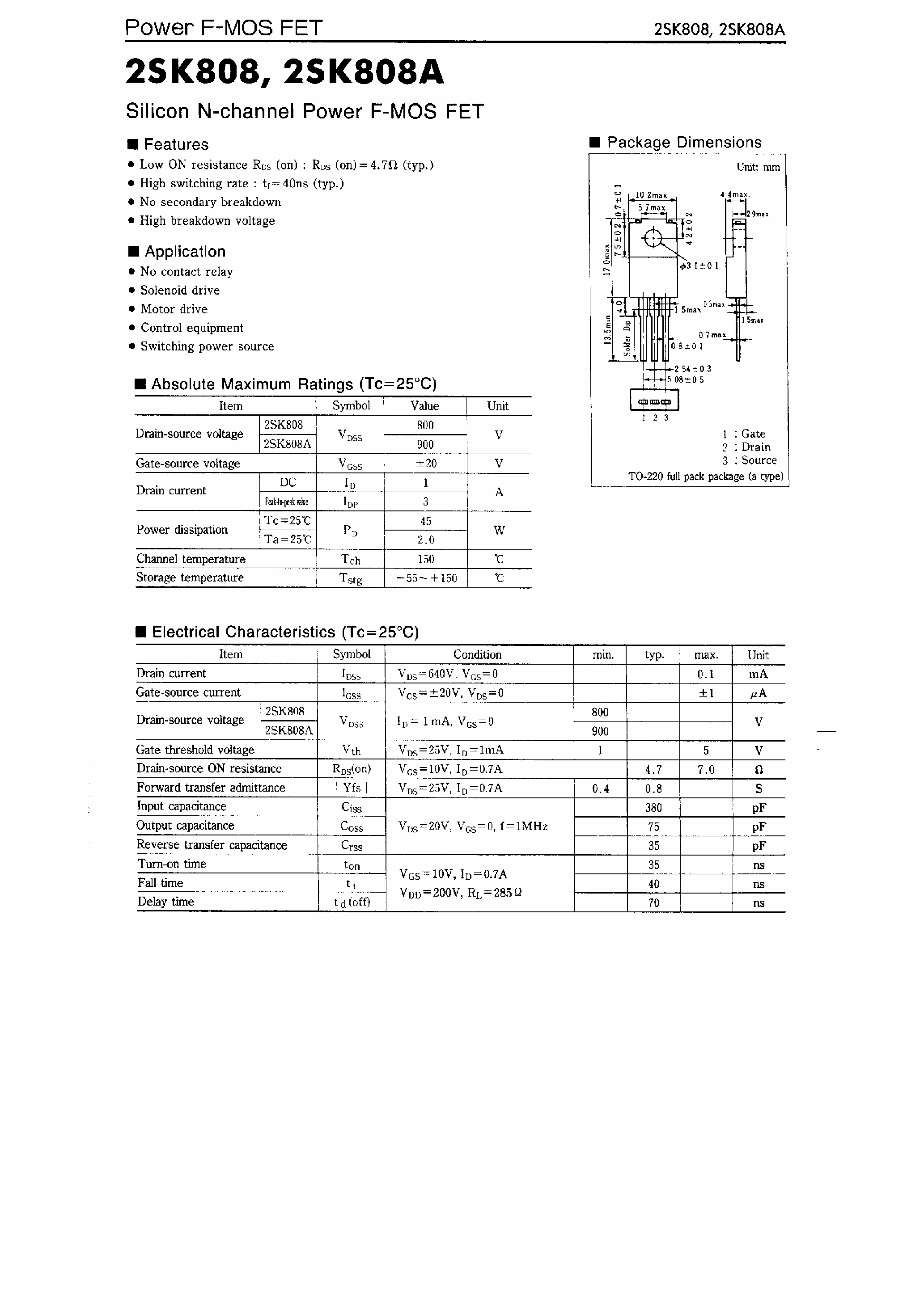Datasheet 2SK808 page 1 Datasheet 2SK808 - Silicon N Channel Power FMOS FET page 1