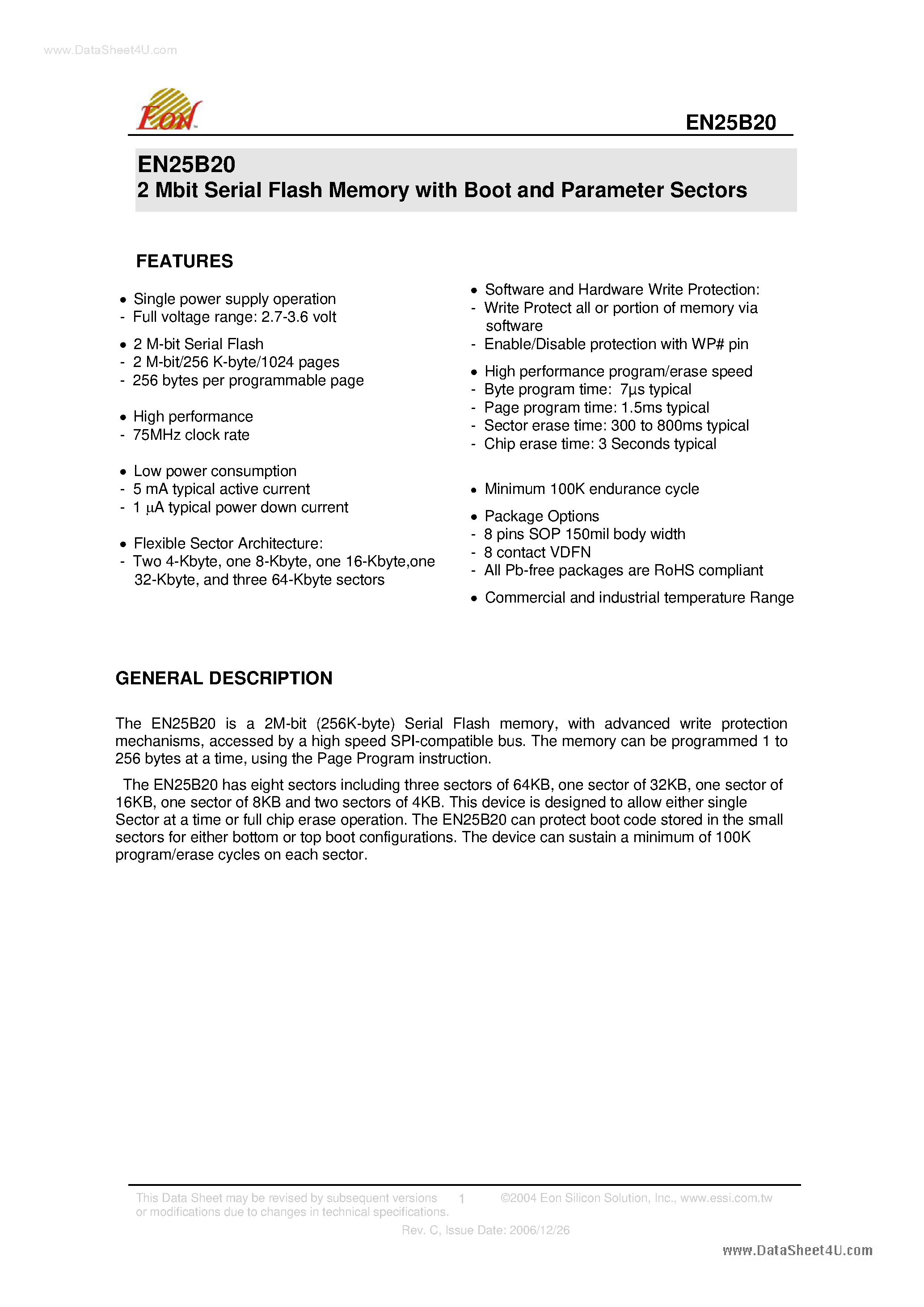 Datasheet EN25B20 - 2 Mbit Serial Flash Memory page 1