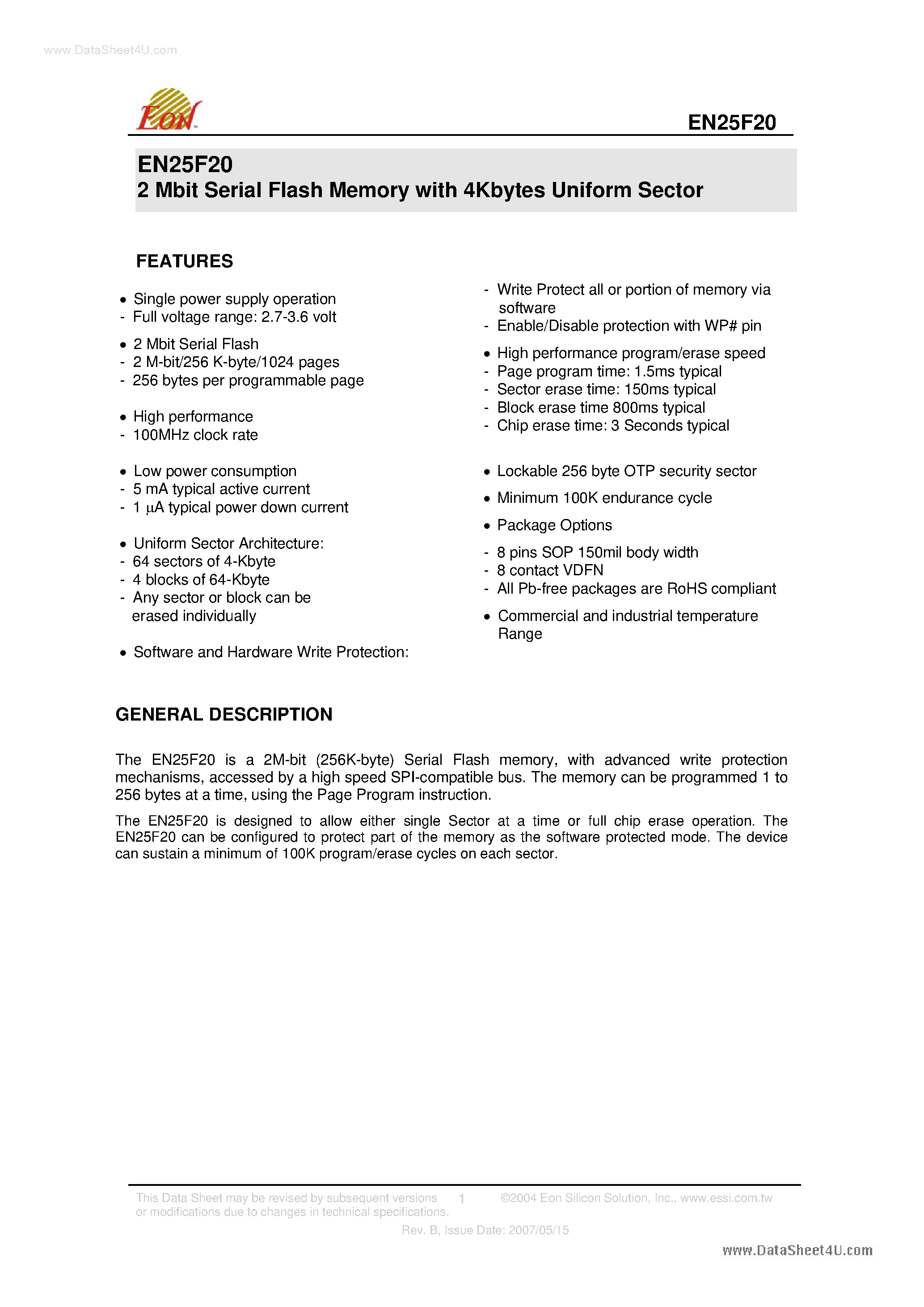Datasheet EN25F20 - 2 Mbit Serial Flash Memory page 1