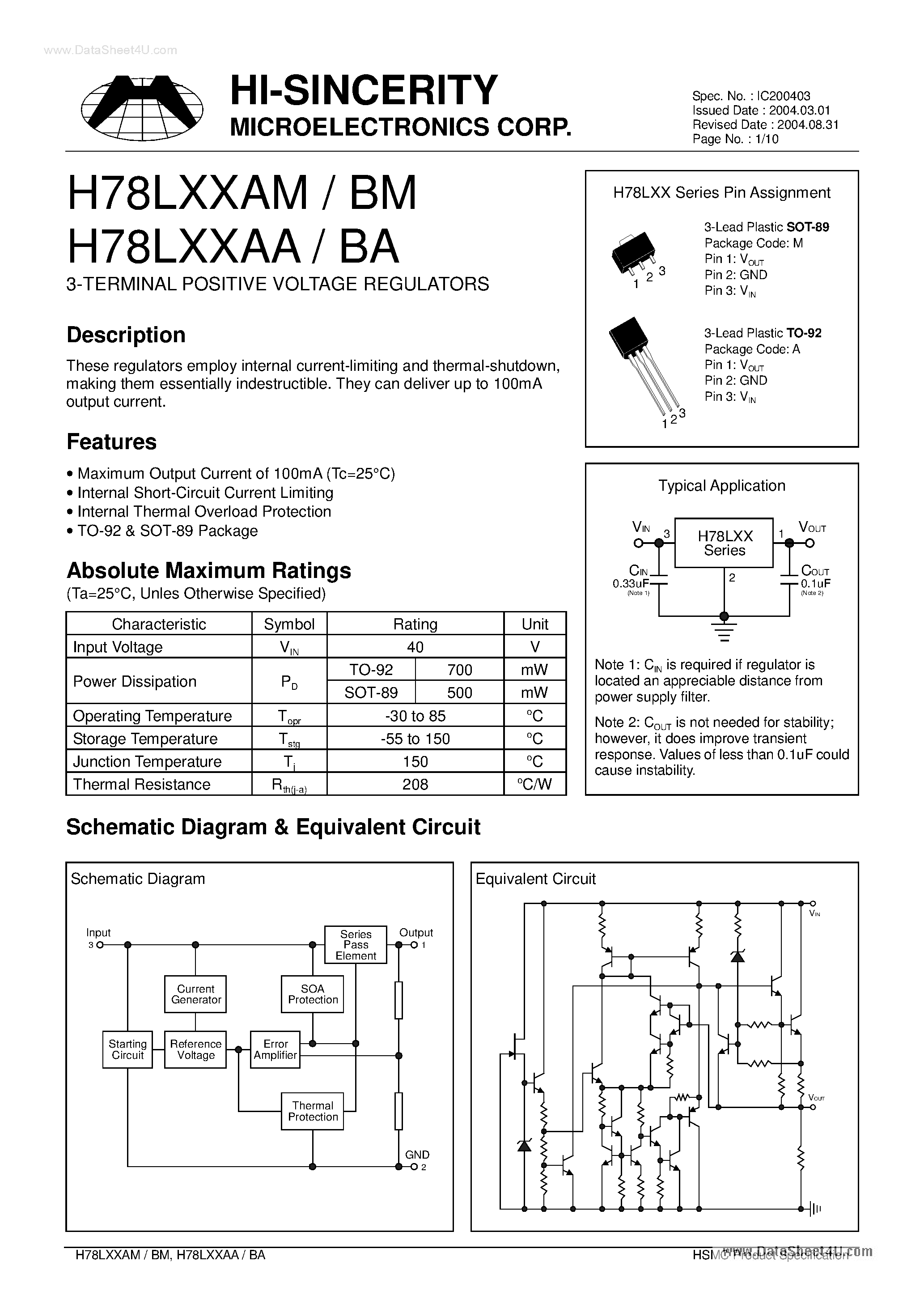 Даташит H78LxxAA - 3-TERMINAL POSITIVE VOLTAGE REGULATORS страница 1