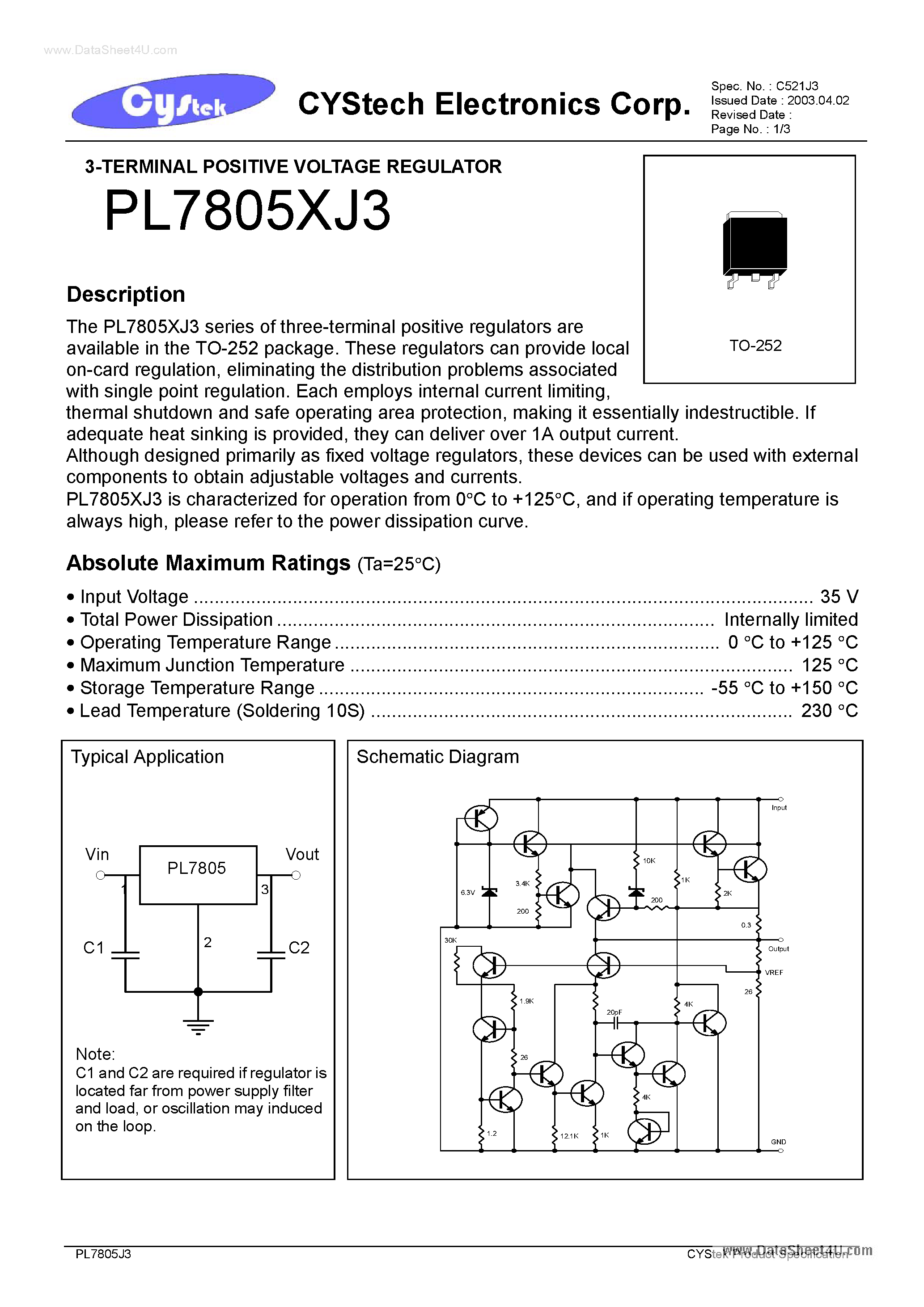 Datasheet PL7805XJ3 - 3-TERMINAL POSITIVE VOLTAGE REGULATOR page 1