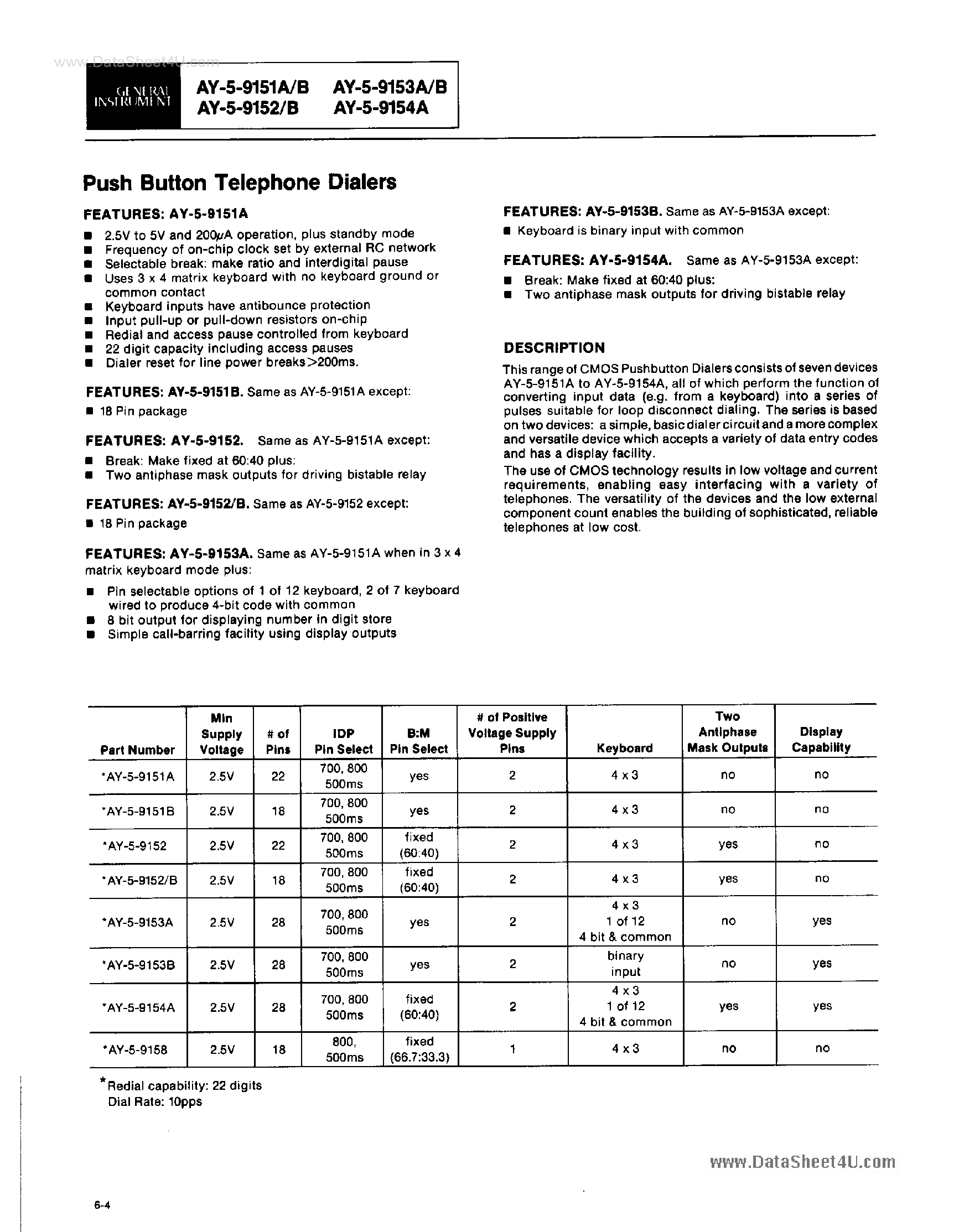 Datasheet AY-5-9151A - ( AY-5-915xx) Push Button Telephone Dialers page 1