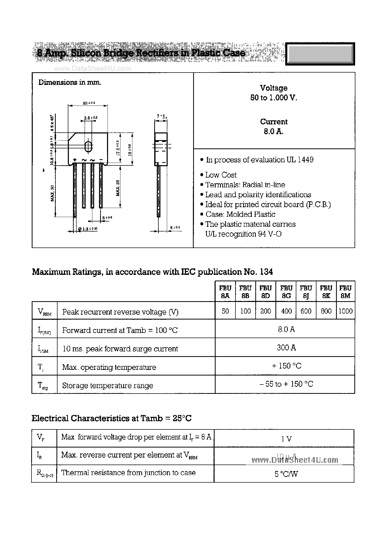Datasheet FBU8A - (FBU8x) 8A Silicon Bridge Rectifier page 1